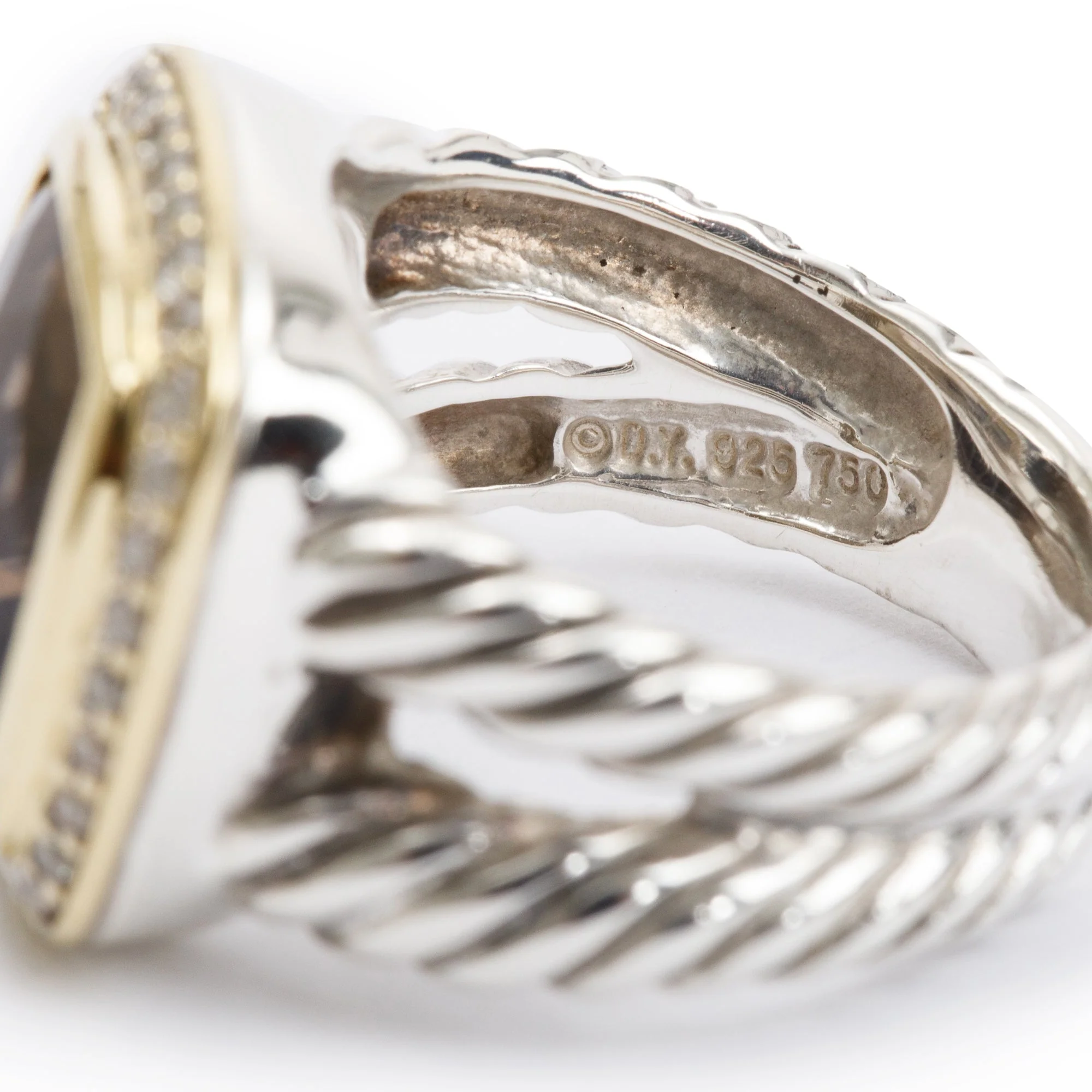 David Yurman Sterling Silver & 18k Yellow Gold Smoky Quartz & Diamond Albion Ring, Size 5 - Image 3