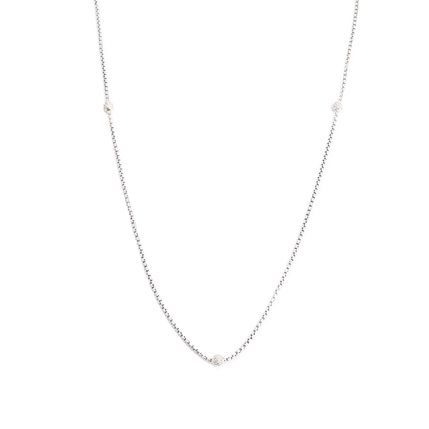 David Yurman Sterling Silver 5 Diamond Ball Station Long Box Chain Necklace