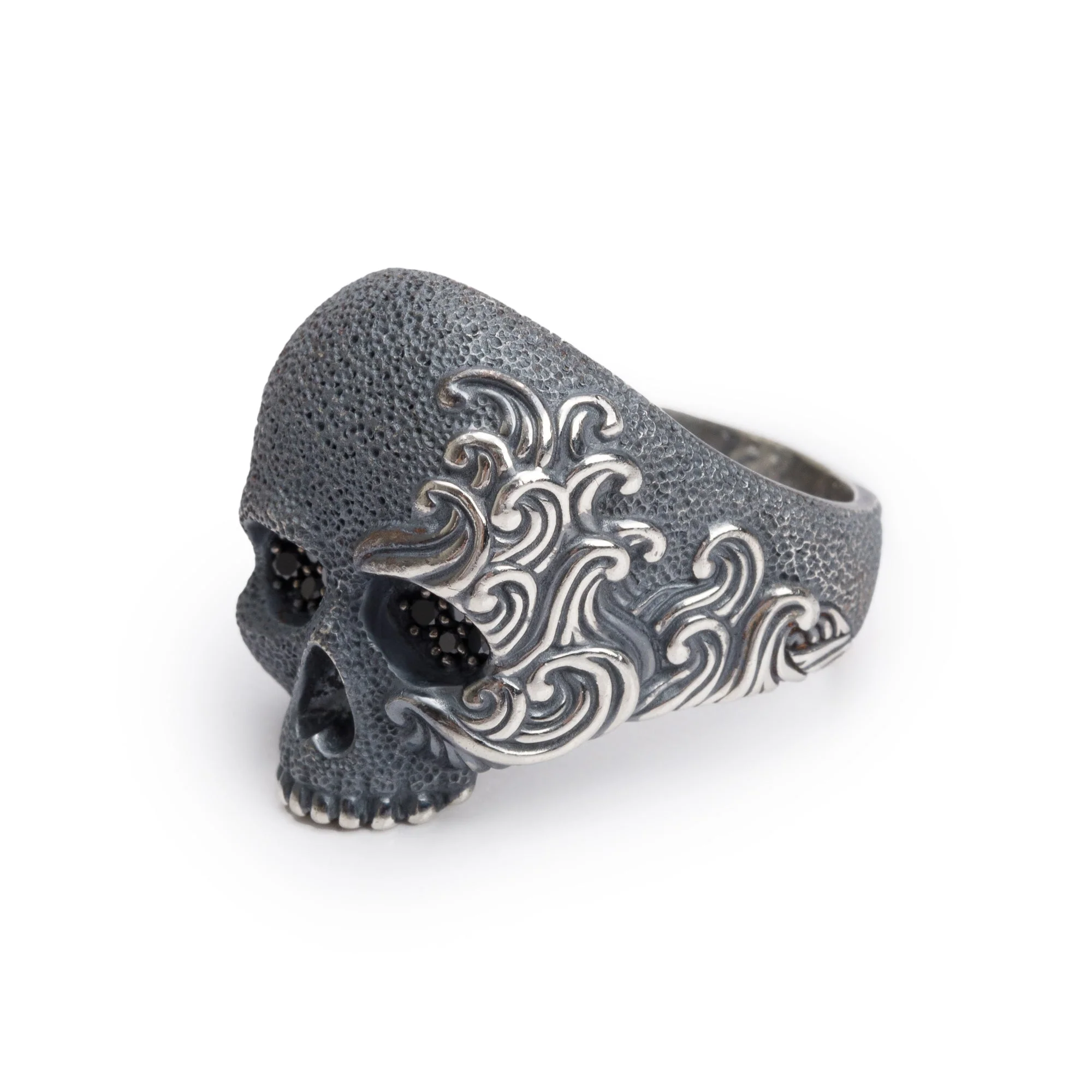 David Yurman Sterling Silver Black Diamond Waves Skull Ring, Size 12.75 - Image 3