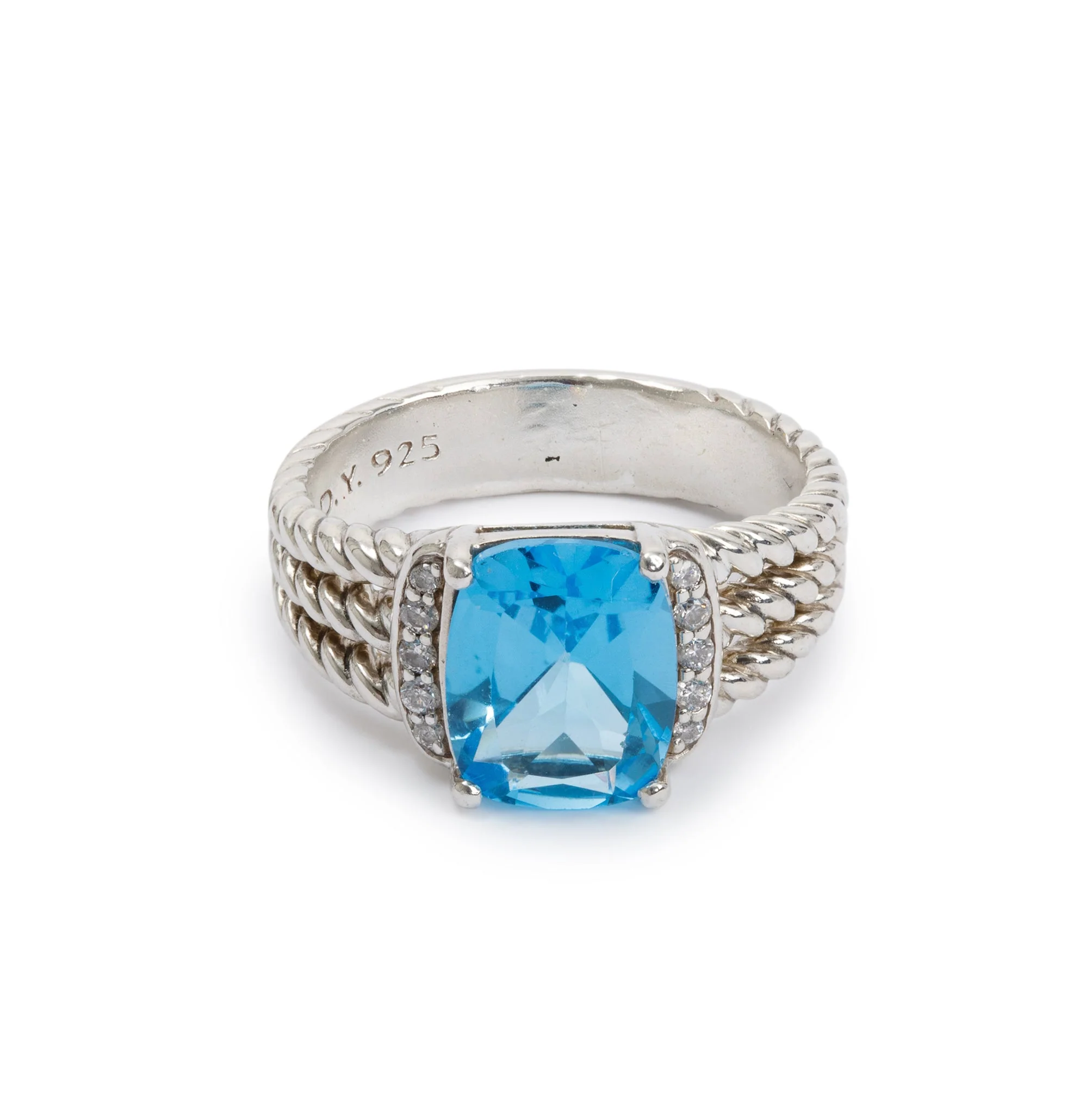 David Yurman Sterling Silver Blue Topaz & Diamond Petite Wheaton Ring, Size 6.5 - Image 2