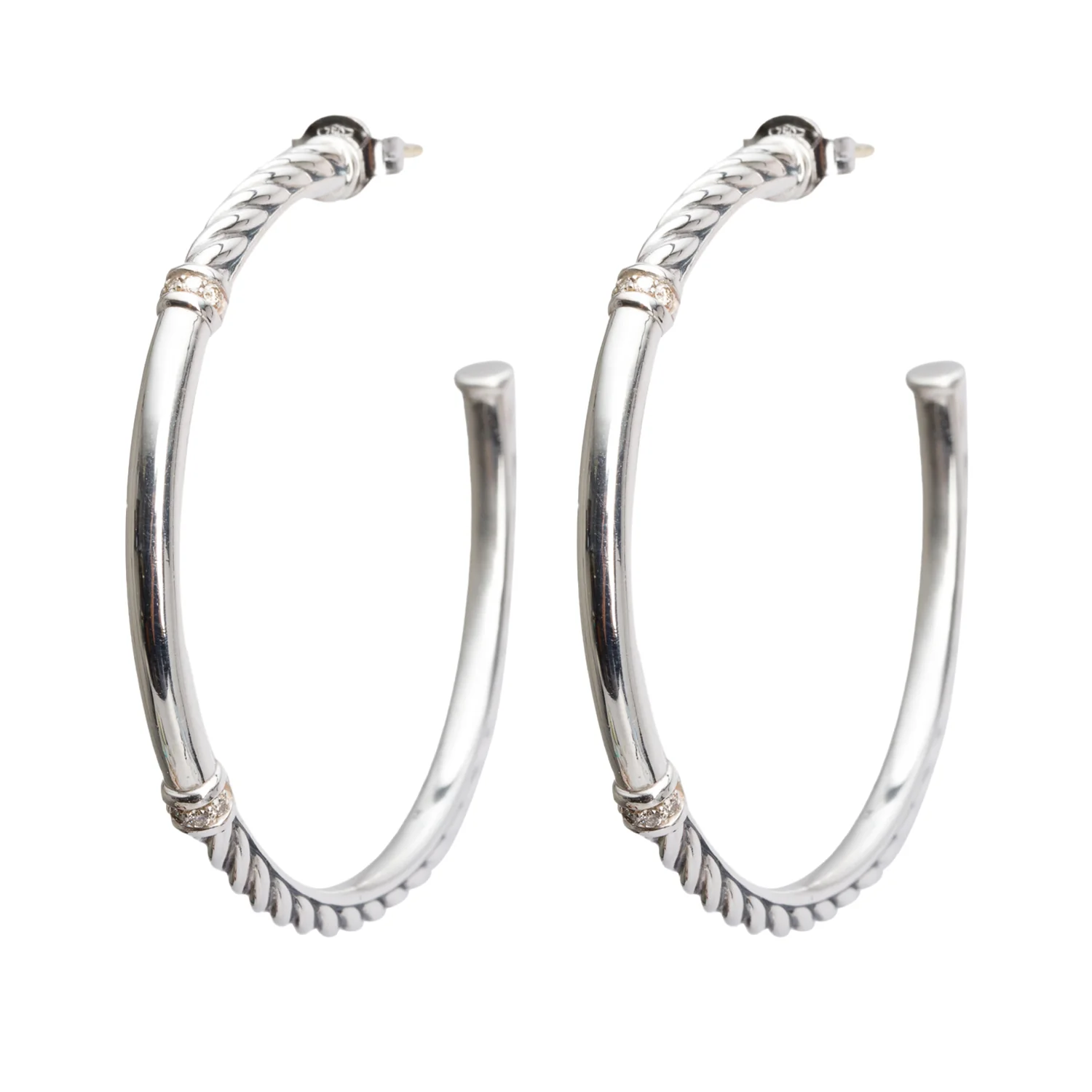 David Yurman Sterling Silver Diamond Cable Hoop Earrings w/ Box - Image 3