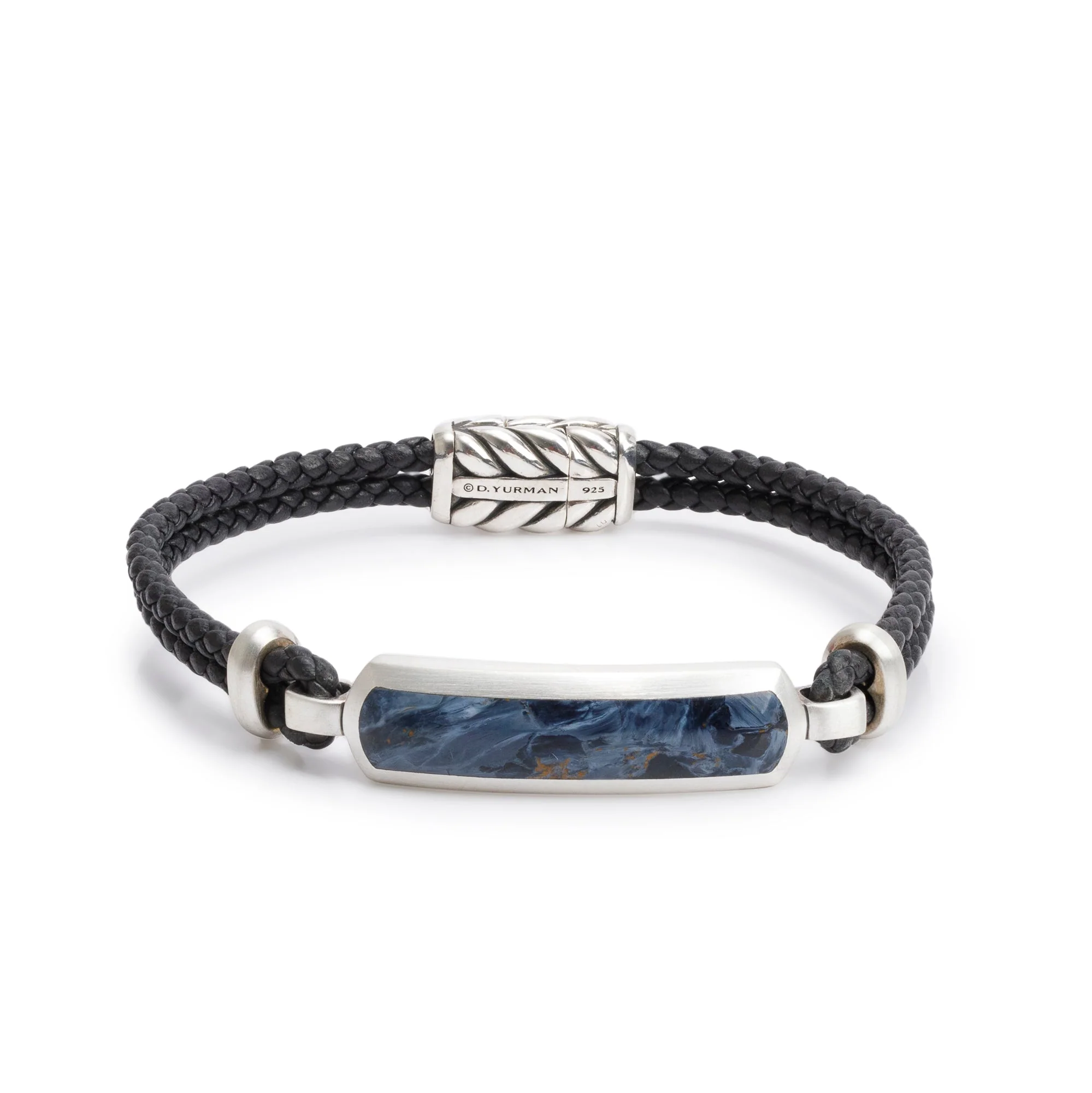 David Yurman Sterling Silver Exotic Stone Bar Station Leather Bracelet with Pietersite