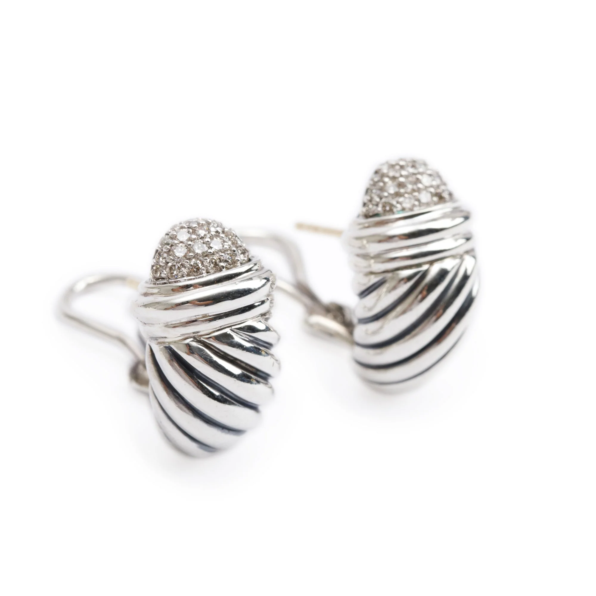 David Yurman Sterling Silver Pave Diamond Cable Shrimp Earrings - Image 2