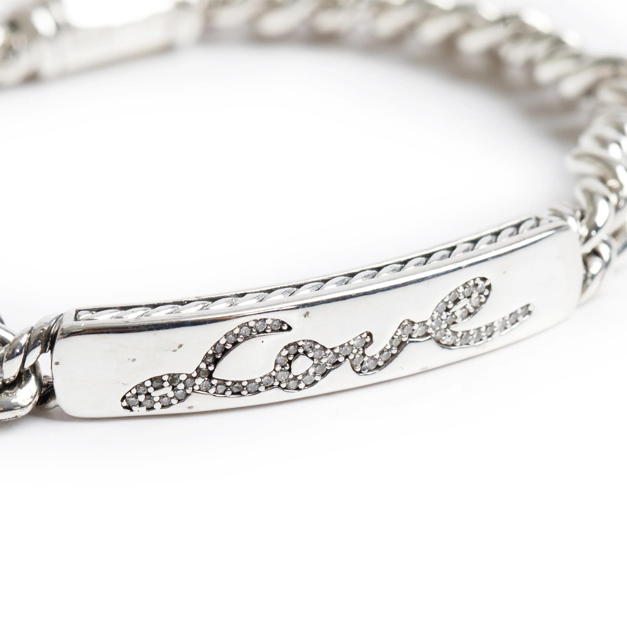 David Yurman Sterling Silver Pave Diamond Curb Link 'Love' ID Bracelet - Image 2