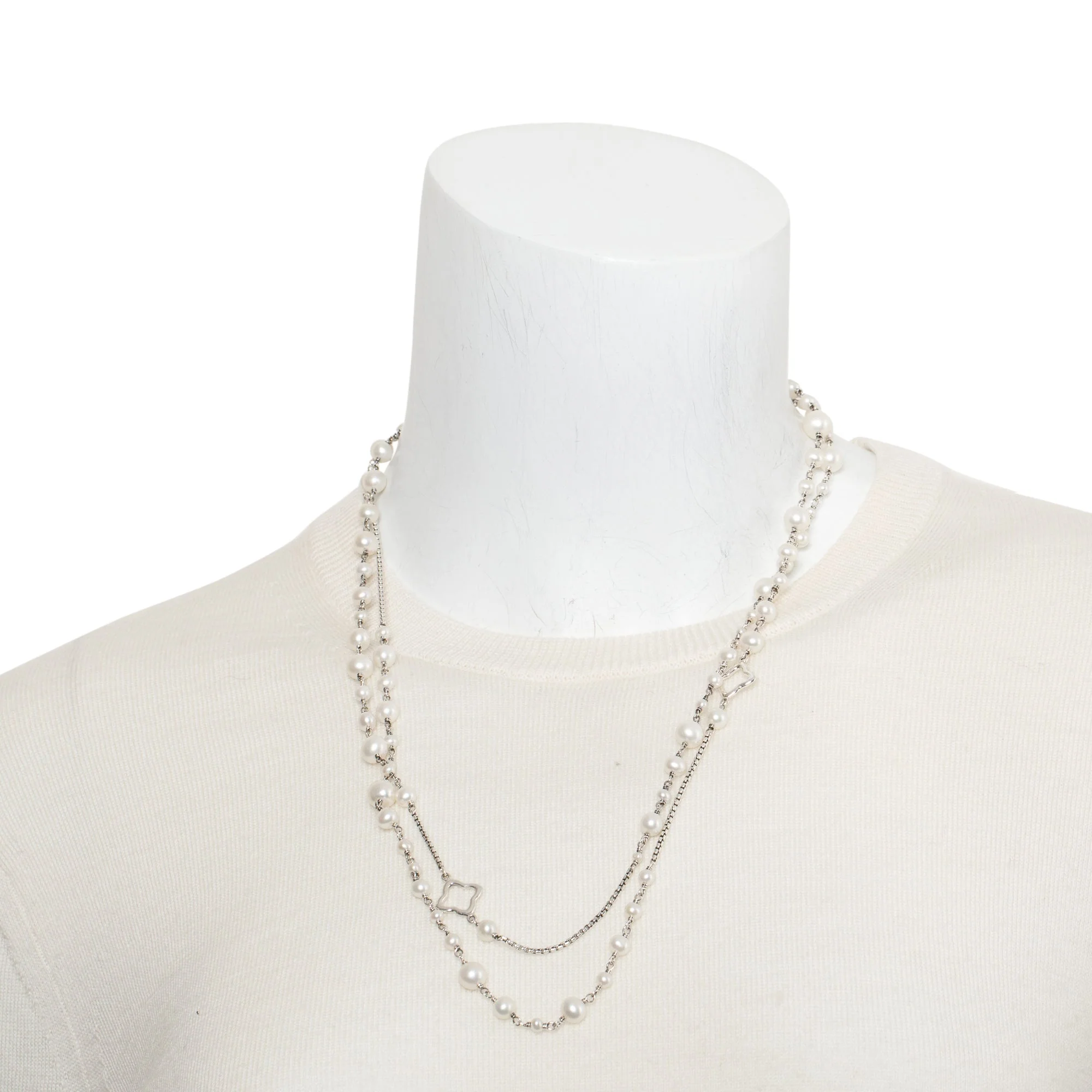 David Yurman Sterling Silver Pearl Quatrefoil Station Long Necklace - Image 2