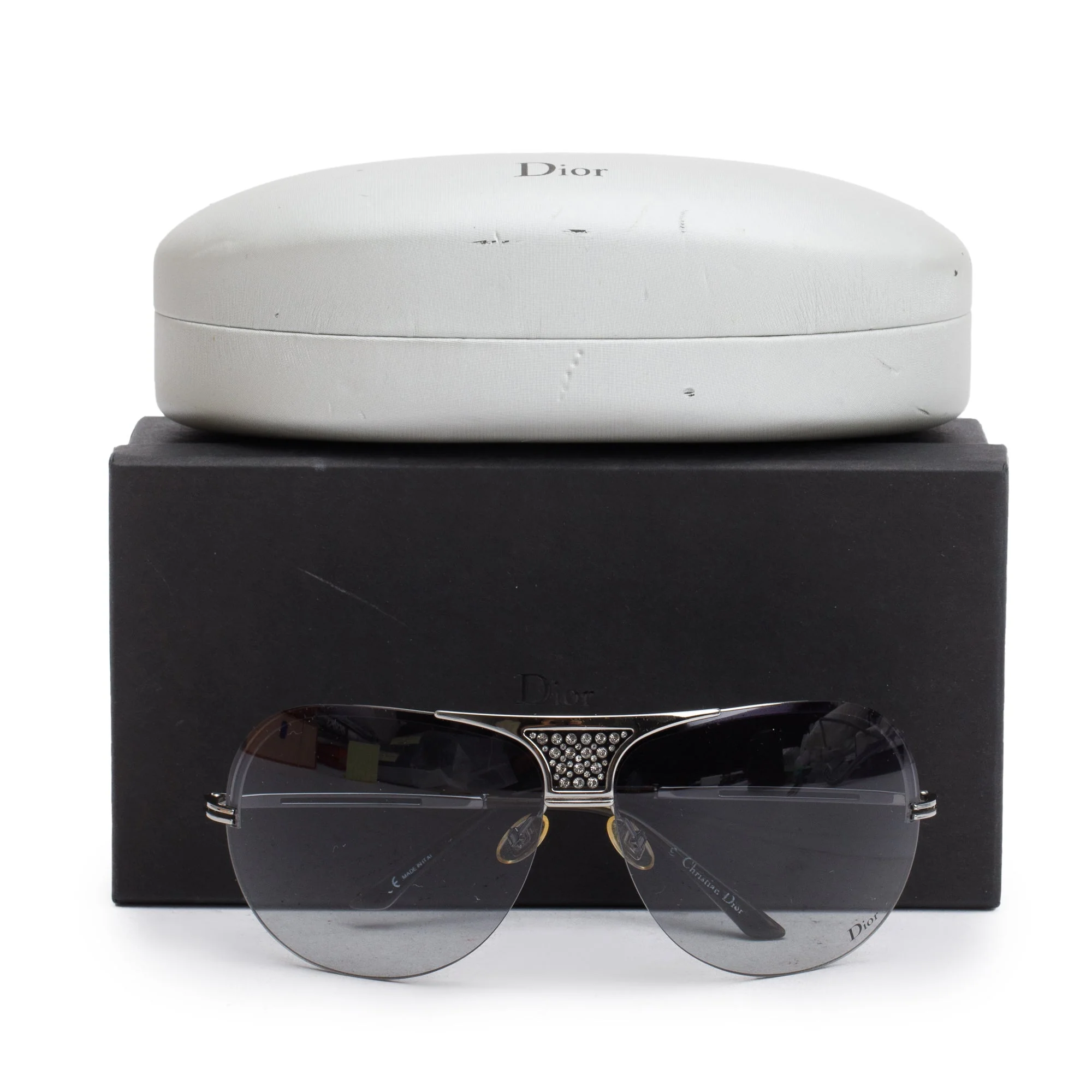 Dior Ruthenium Metal Frame Crystal Aviator Shield Sunglasses w/ Box & Case - Image 2