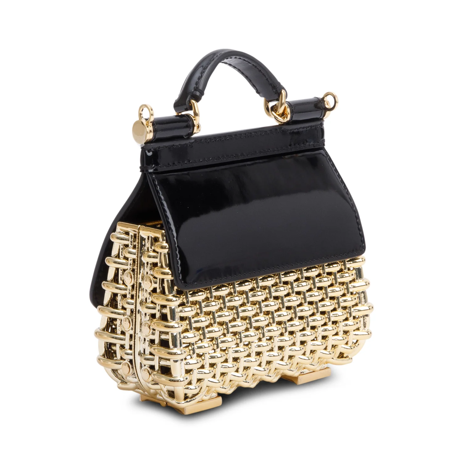 Dolce & Gabbana Black Patent Leather Gold Mini Sicily Box Handle Bag w/ Strap & Authenticity Card - Image 6