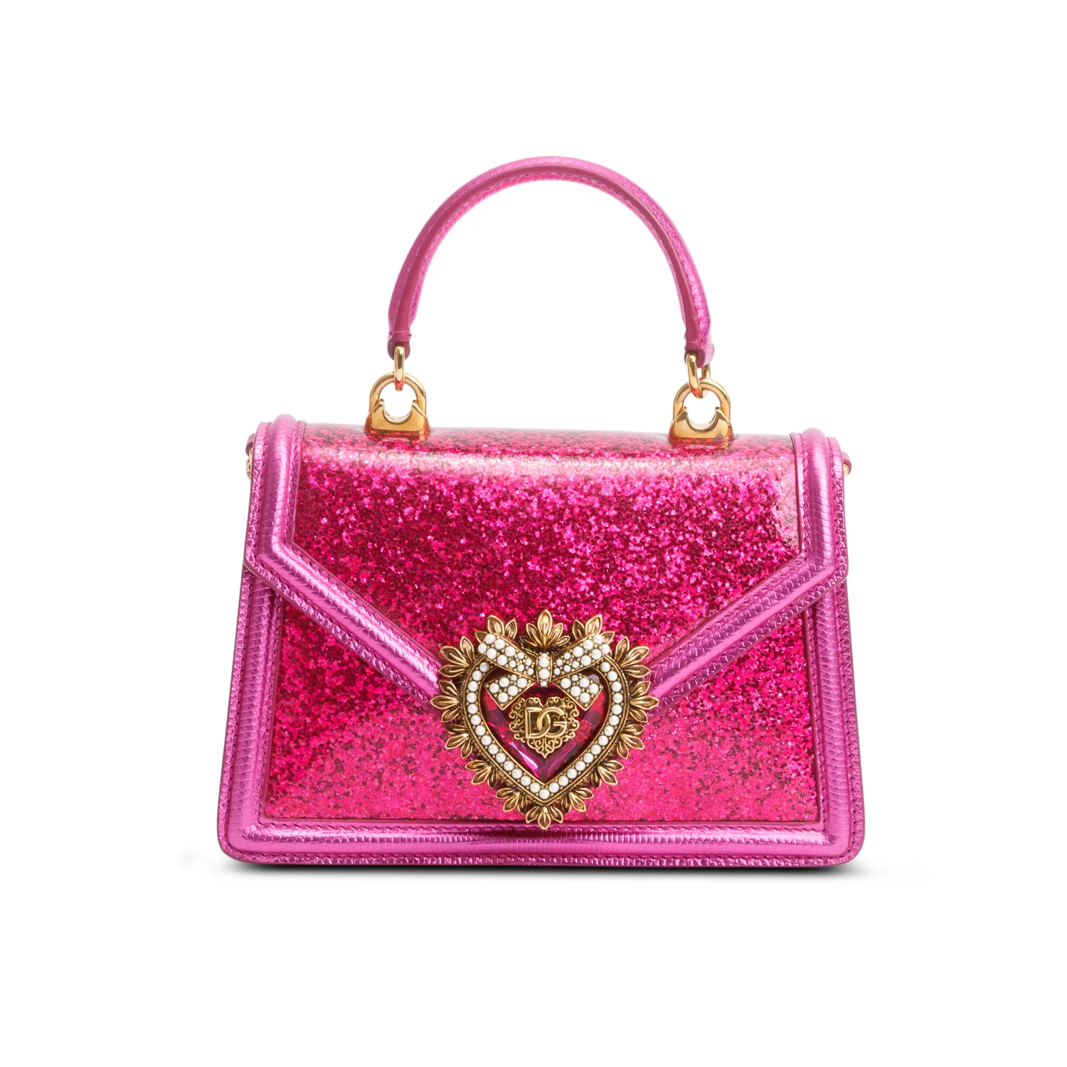 Dolce & Gabbana Pink Glitter Lizzard Small Devotion Top Handle Bag w/ Box, Chain & Authenticity Card - Image 4