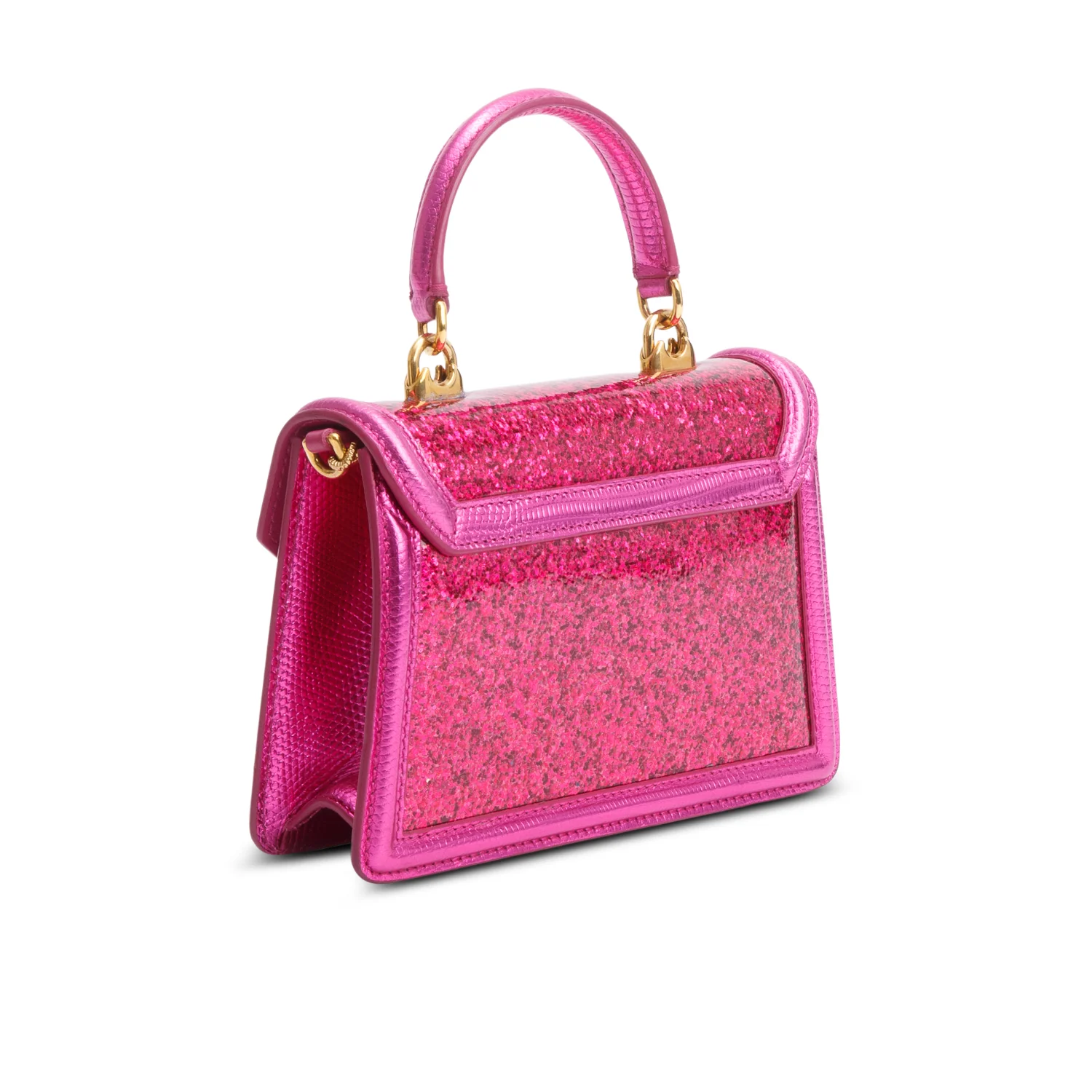Dolce & Gabbana Pink Glitter Lizzard Small Devotion Top Handle Bag w/ Box, Chain & Authenticity Card - Image 7