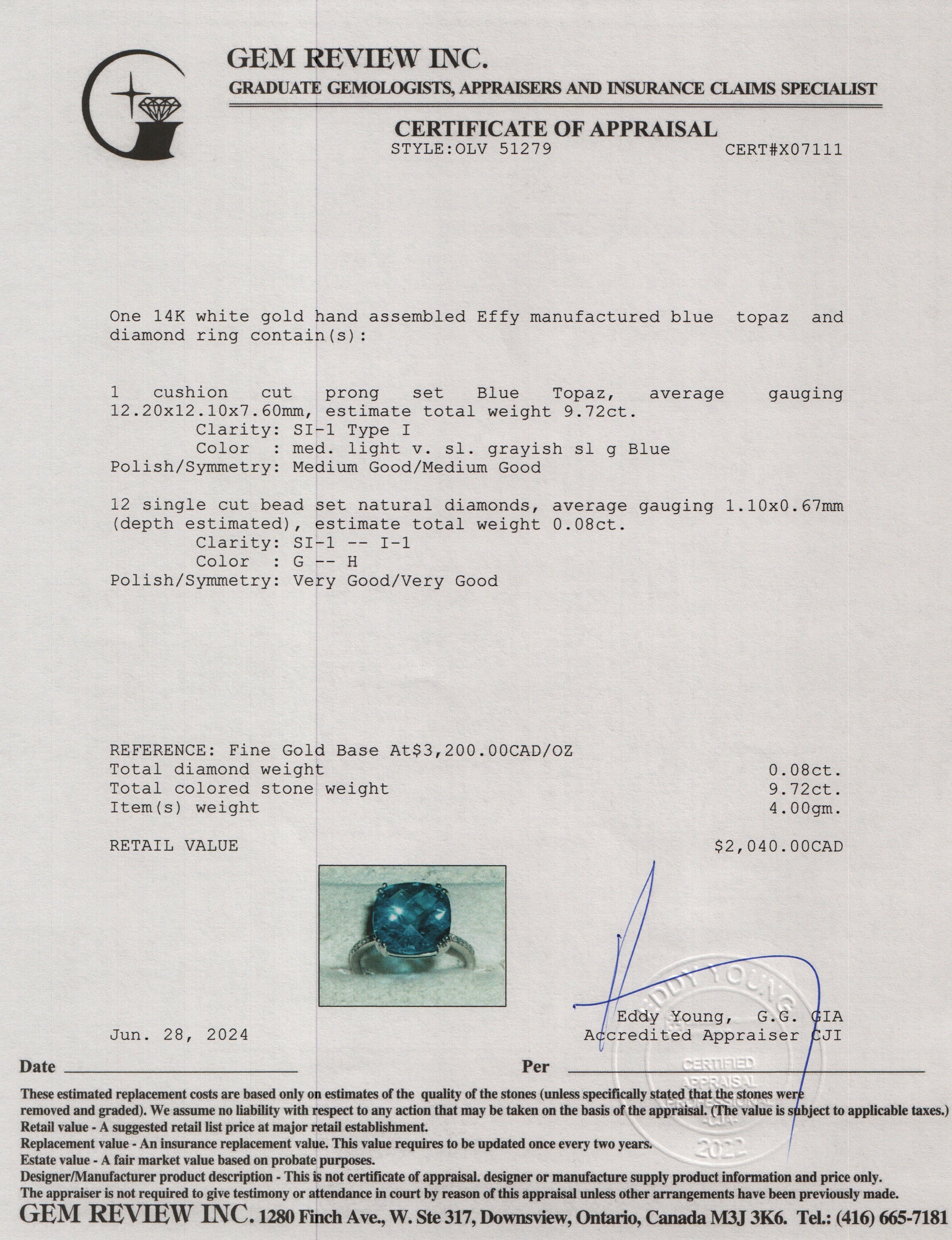 Effy 14k White Gold Blue Topaz & Diamond Ring, Size 7 - Image 5