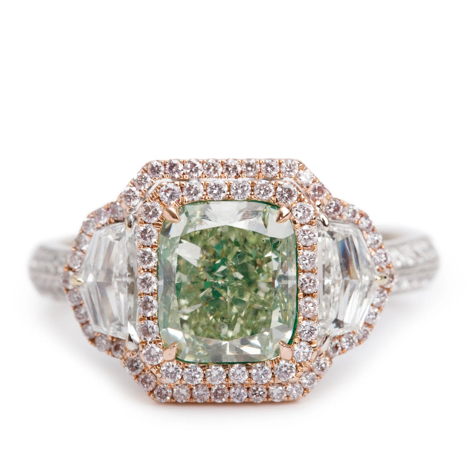 Effy 2023 14k White and Rose Gold 3.02 ct. Cushion Shaped Natural Green Diamond Cocktail Ring, Size 9.25 w/ Box, Receipt & GIA Report