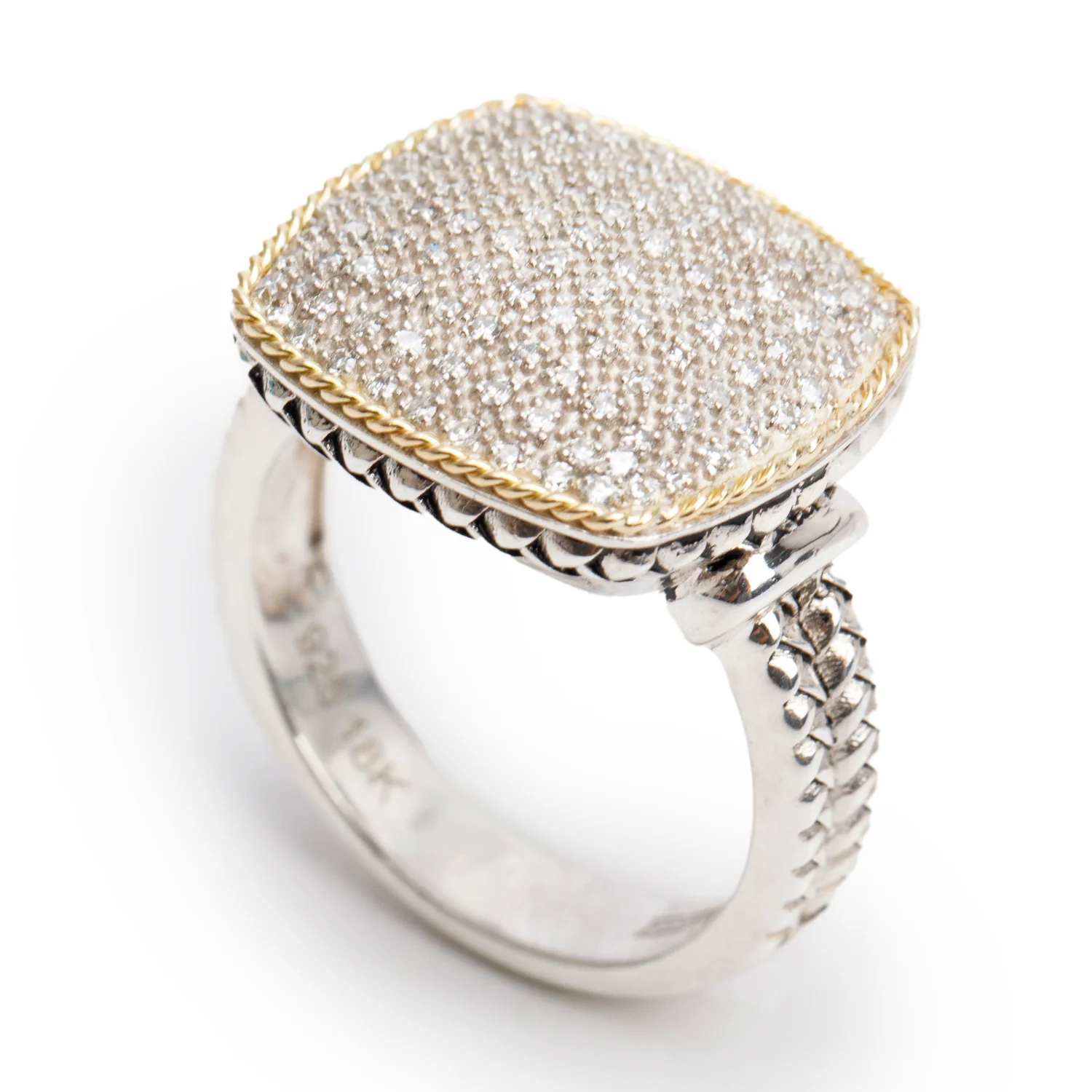 Effy Sterling Silver and 18k Yellow Gold Pave Diamond Cushion Top Ring, Size 7 w/ Box - Image 5
