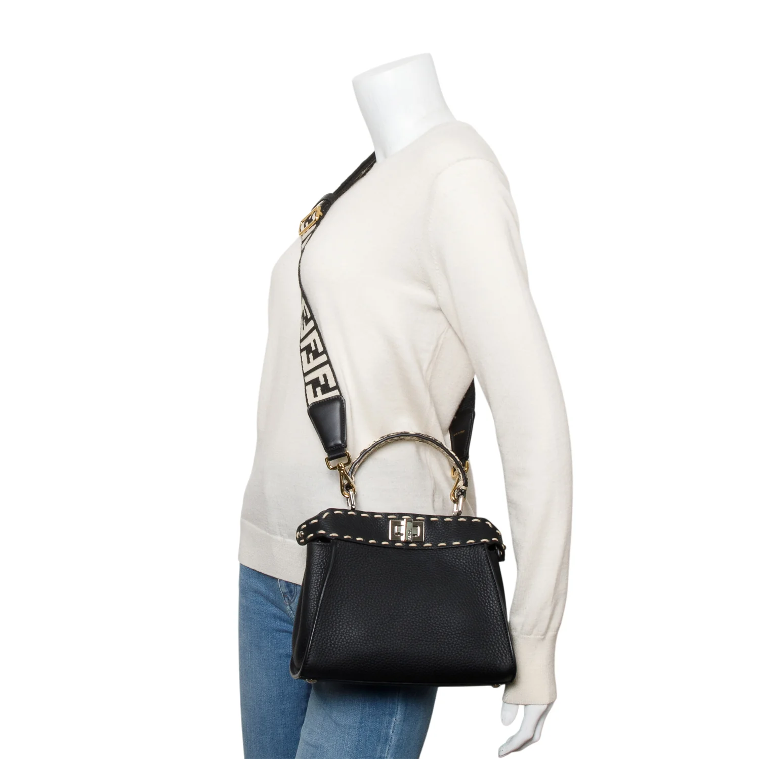 Fendi 2022 Black Calfskin Leather Python Trim Mini Selleria Peekaboo Bag w/ Straps - Image 2