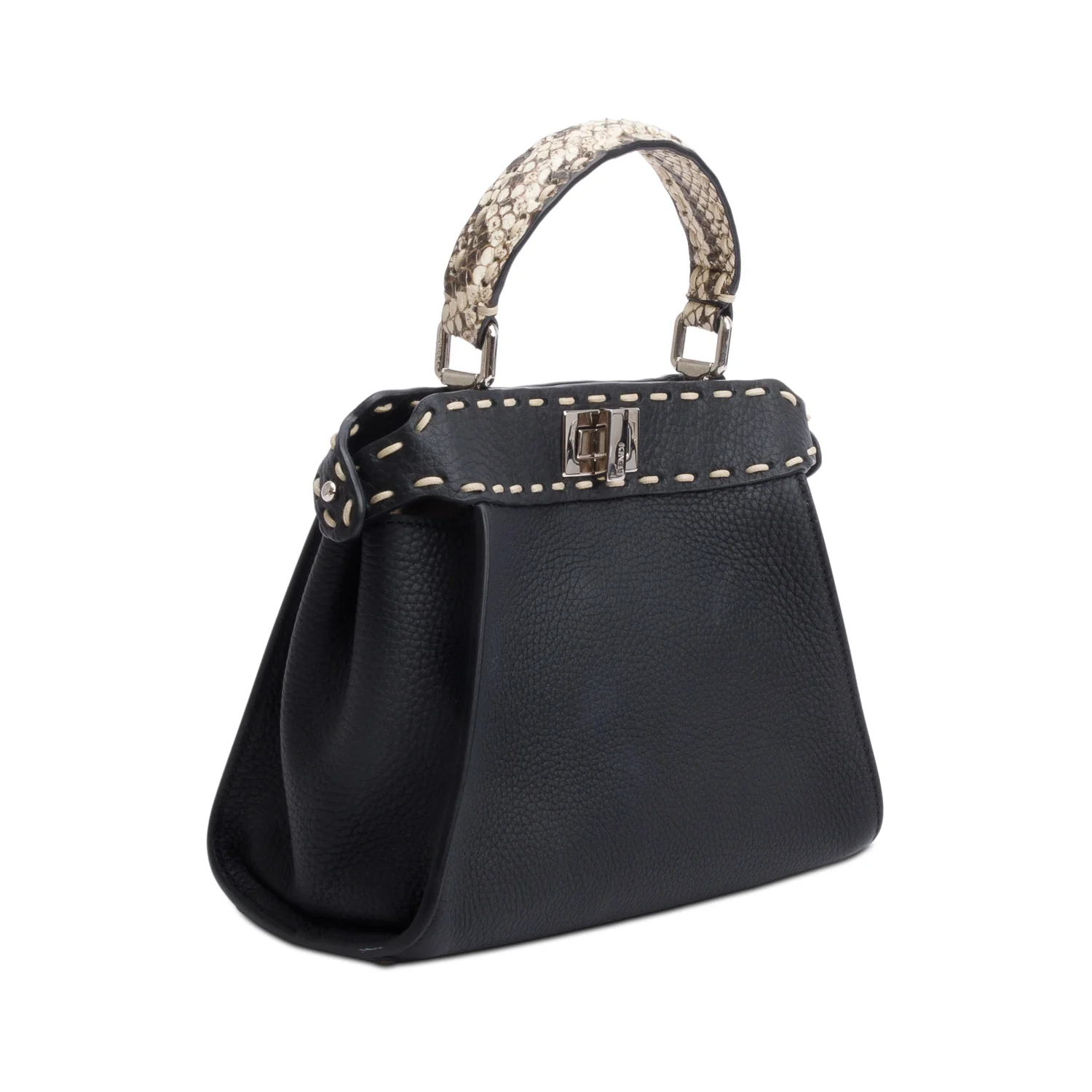Fendi 2022 Black Calfskin Leather Python Trim Mini Selleria Peekaboo Bag w/ Straps - Image 6