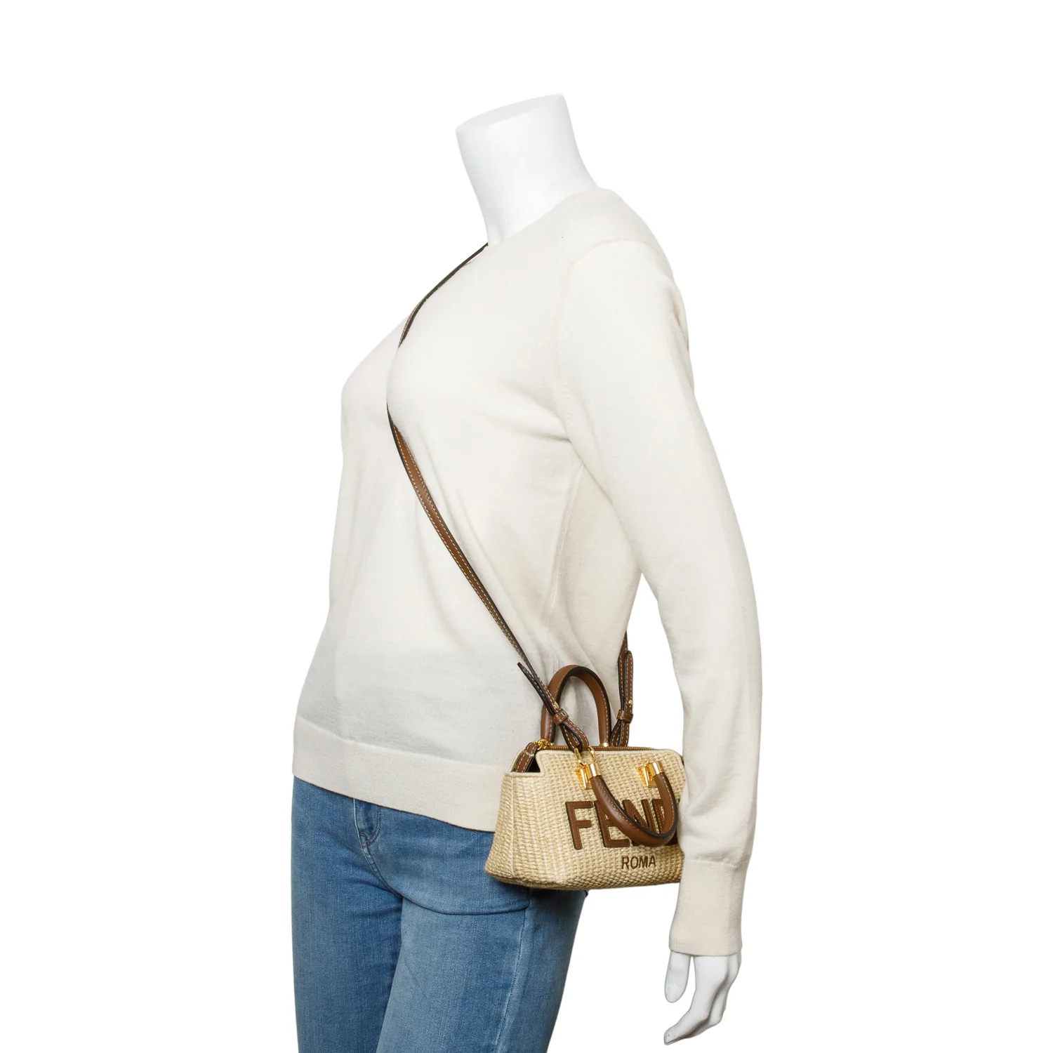 Fendi 2024 Neutral Raffia By the Way Mini Boston Bag w/ Strap - Image 2