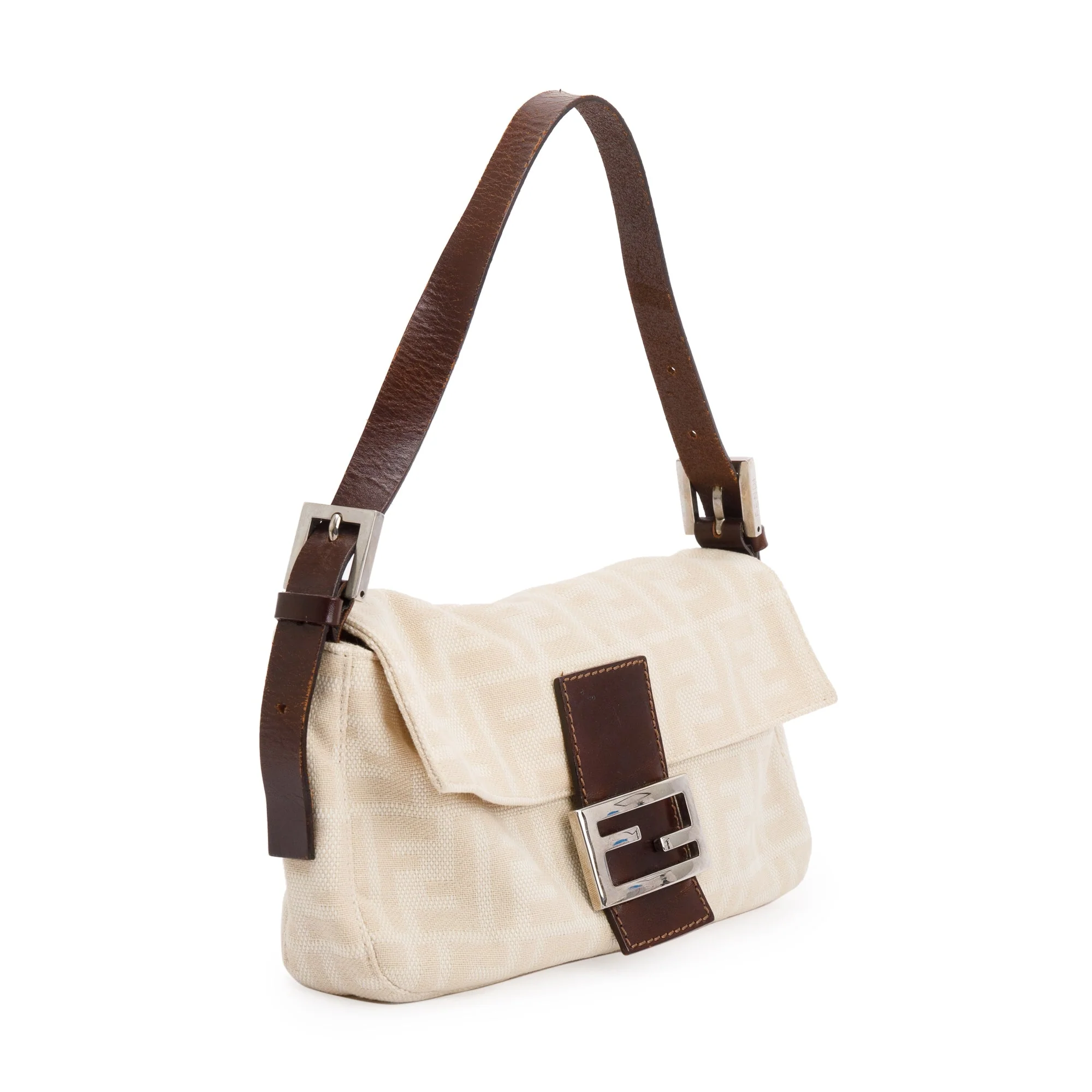 Fendi Beige FF Zucca Canvas Brown Leather Trim Baguette Shoulder Bag - Image 2