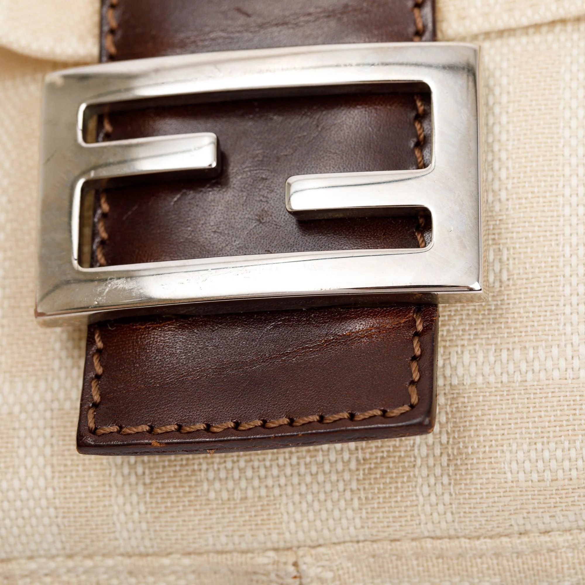 Fendi Beige FF Zucca Canvas Brown Leather Trim Baguette Shoulder Bag - Image 5