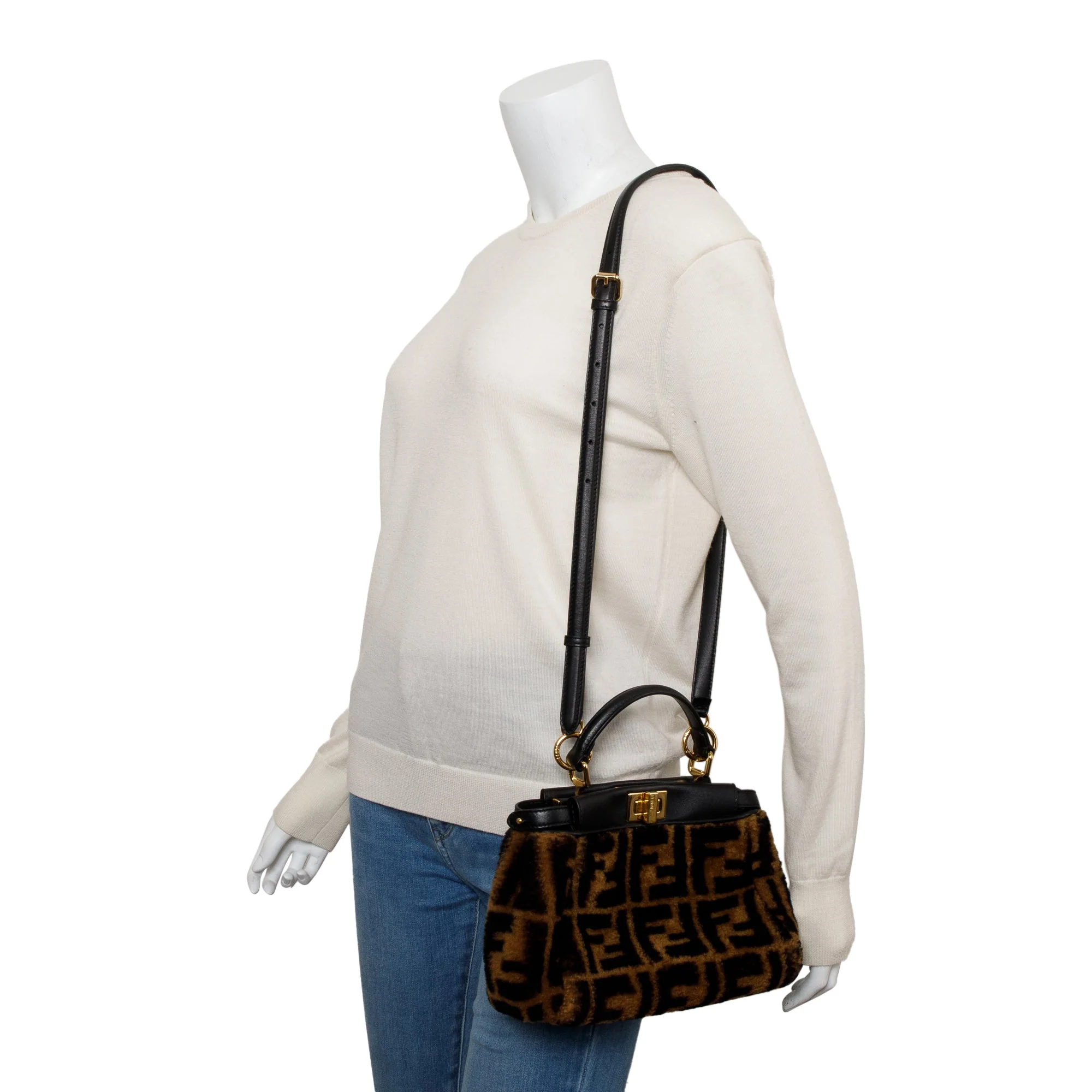 Fendi Black/Brown Shearling Nappa Macro FF 1974 Mini Peekaboo Bag w/ Box - Image 2