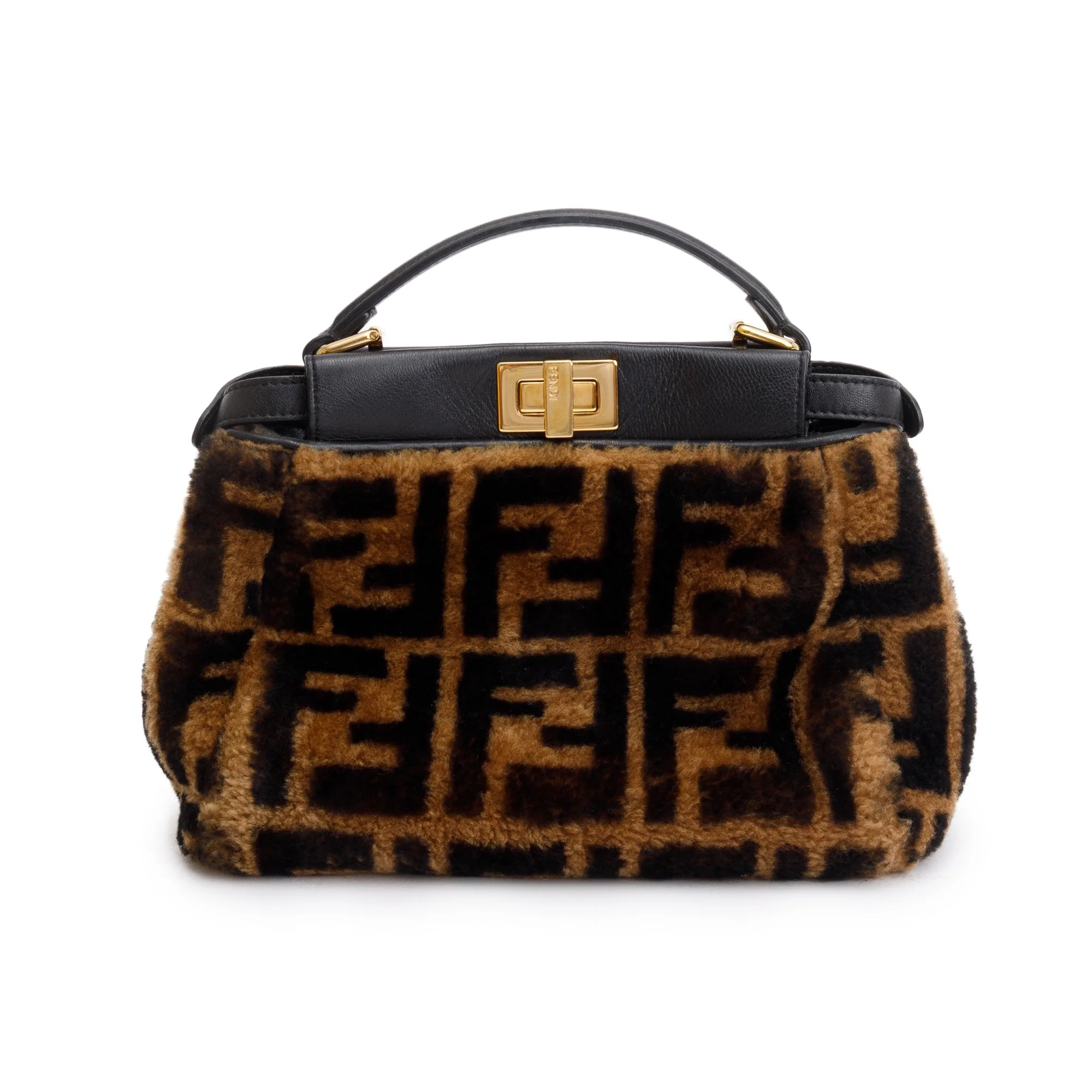 Fendi Black/Brown Shearling Nappa Macro FF 1974 Mini Peekaboo Bag w/ Box - Image 6