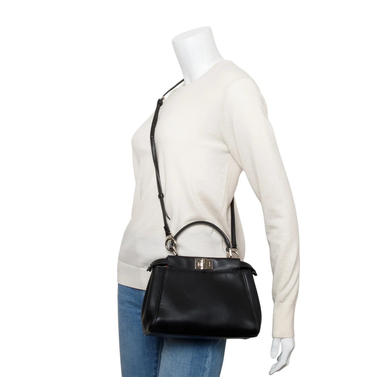 Fendi Black Calfskin Leather Mini Peekaboo Bag w/ Strap - Image 2