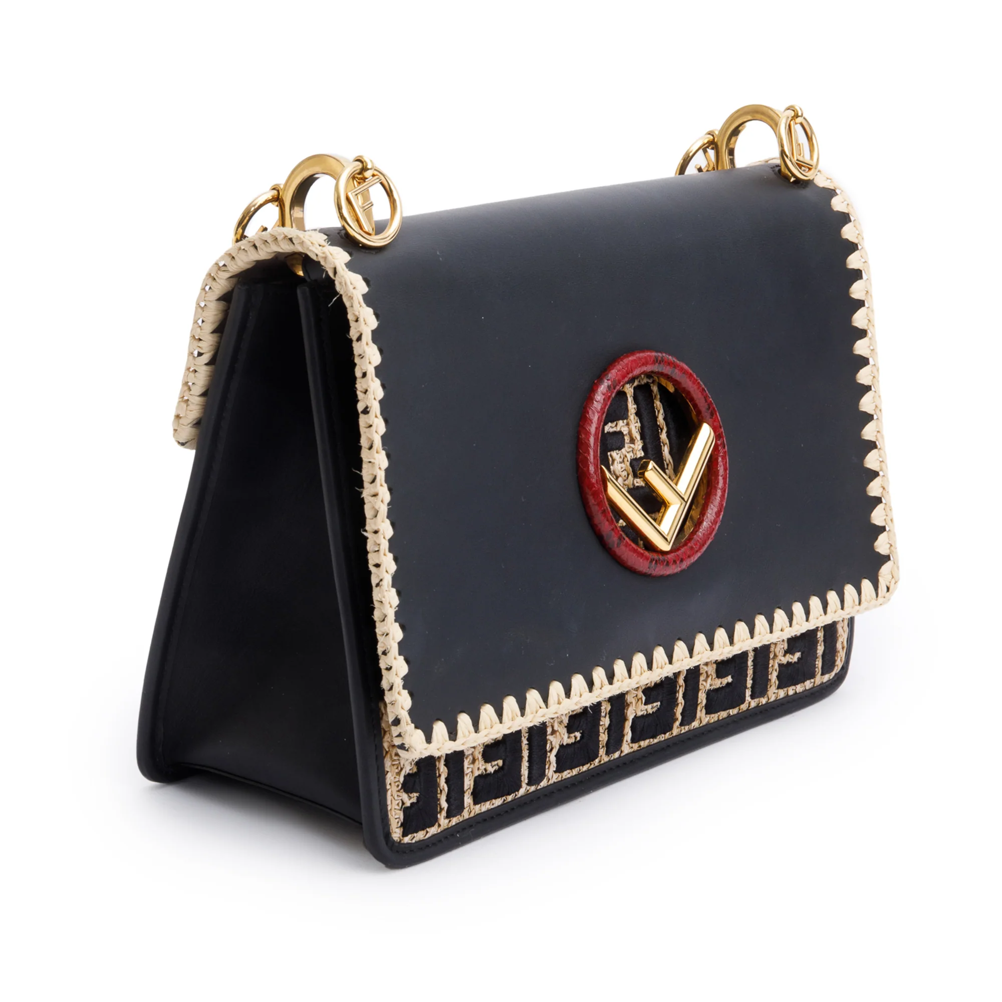 Fendi Black Calfskin Leather Raffia Snakeskin FF Embroidered Medium F is Fendi Kan I Shoulder Bag w/ Straps - Image 5