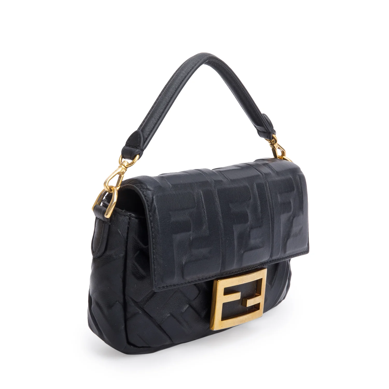 Fendi Black FF Embossed Nappa Leather Mini Be Baguette Bag w/ Straps - Image 3