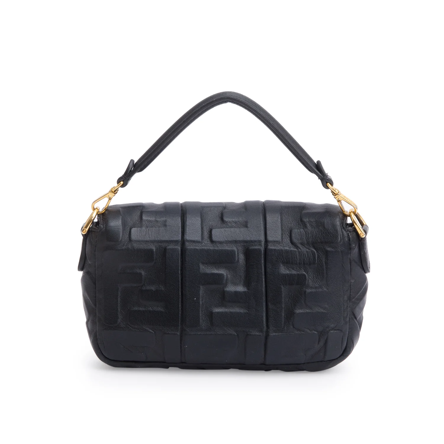 Fendi Black FF Embossed Nappa Leather Mini Be Baguette Bag w/ Straps - Image 4