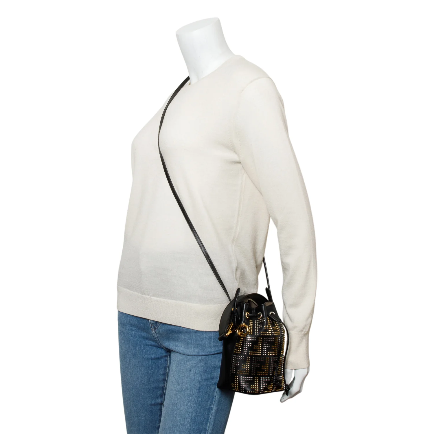 Fendi Black FF Studded Calfskin Leather Mini Mon Tresor Bucket Bag w/ Strap - Image 2