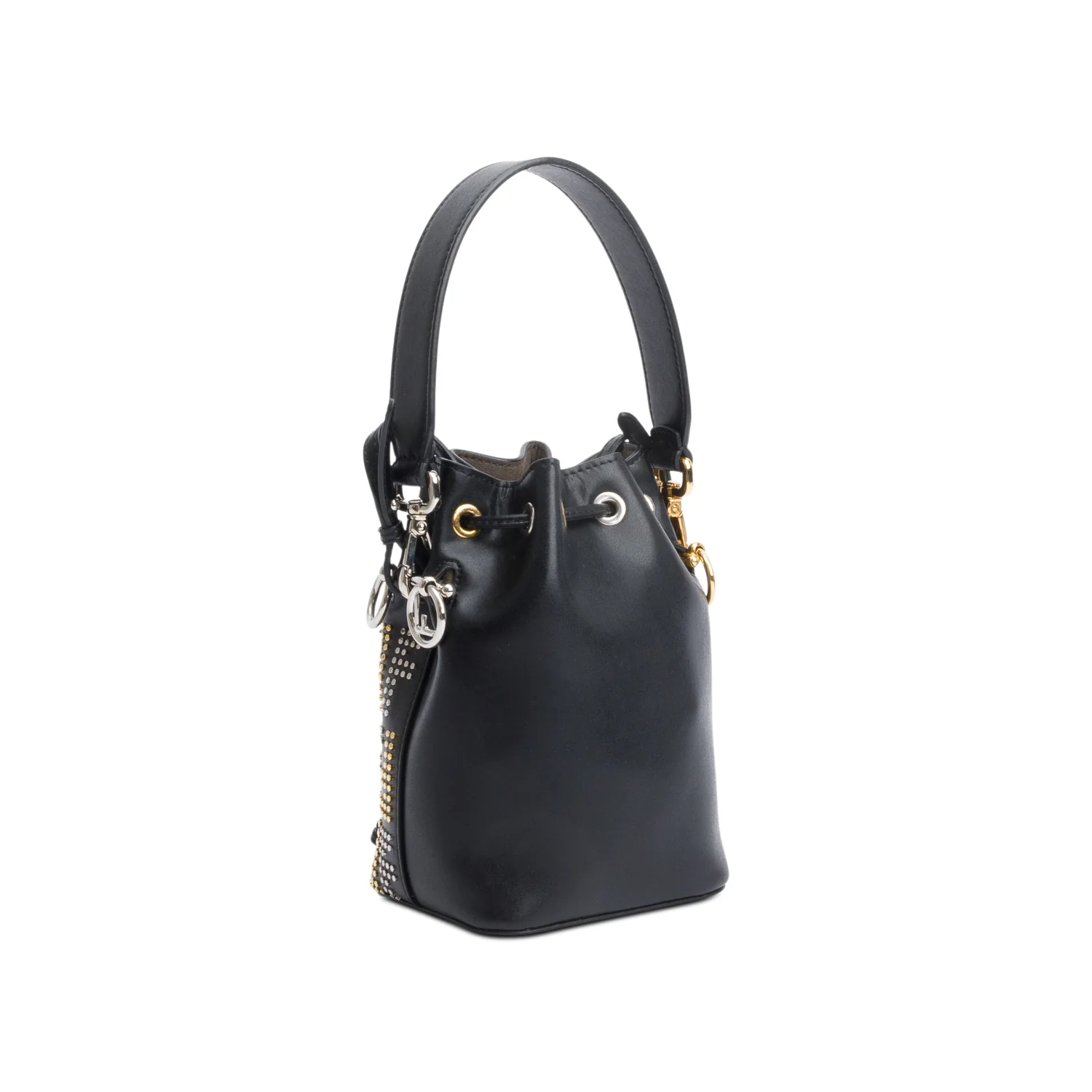 Fendi Black FF Studded Calfskin Leather Mini Mon Tresor Bucket Bag w/ Strap - Image 6
