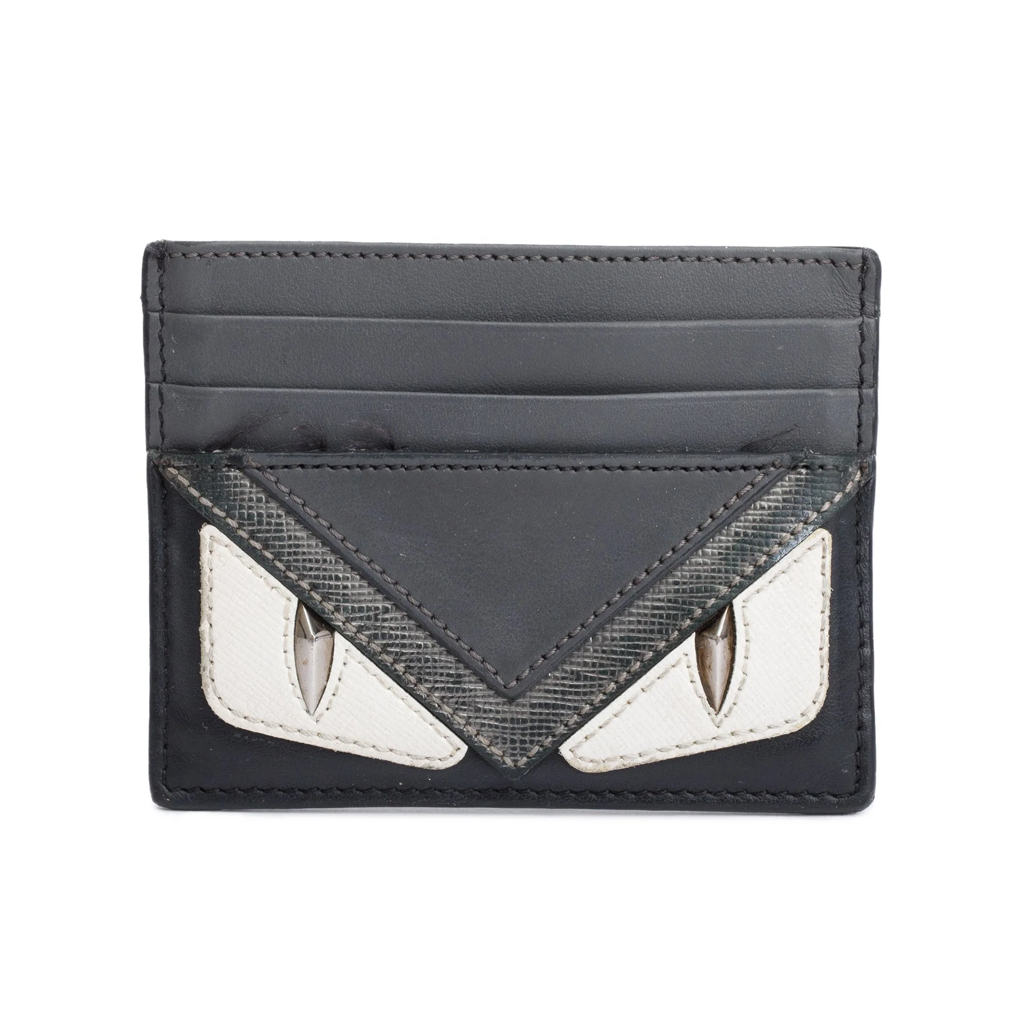 Fendi Black/Grey Leather Monster Motif Card Case