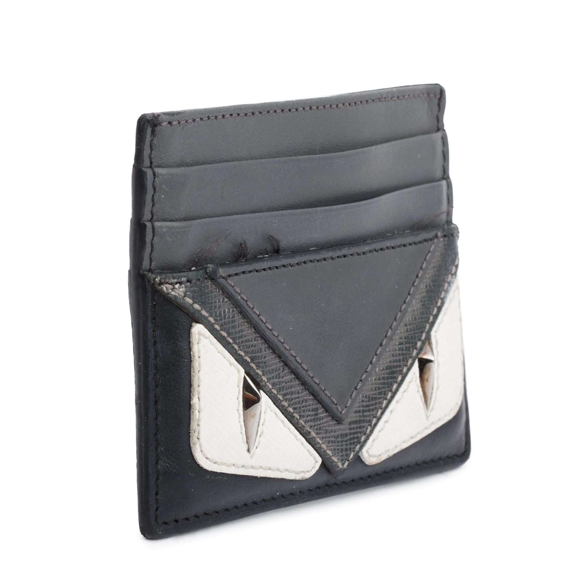 Fendi Black/Grey Leather Monster Motif Card Case - Image 2
