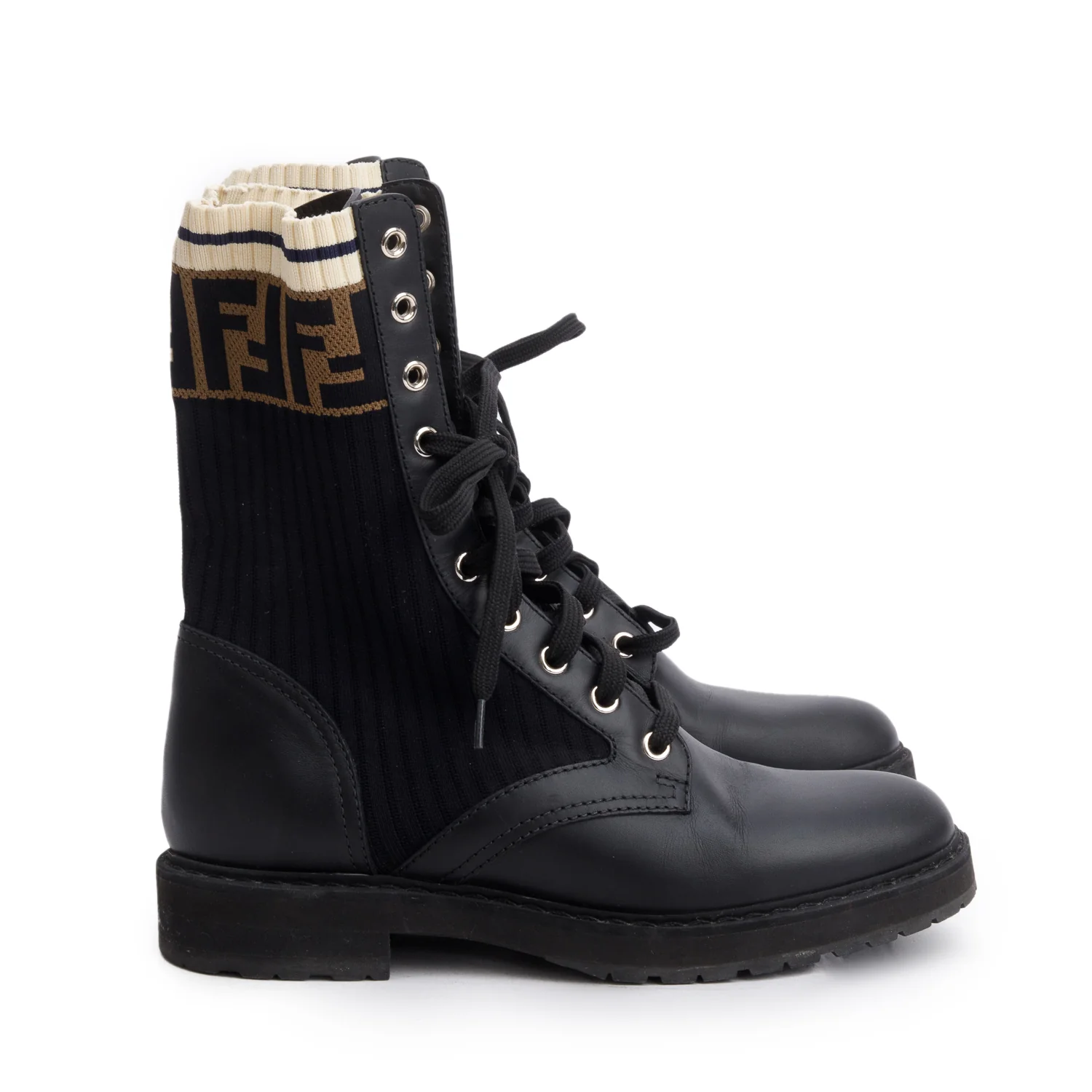 Fendi Black Leather FF Stretch Fabric Rockoko Biker Boots, Size 37 - Image 2