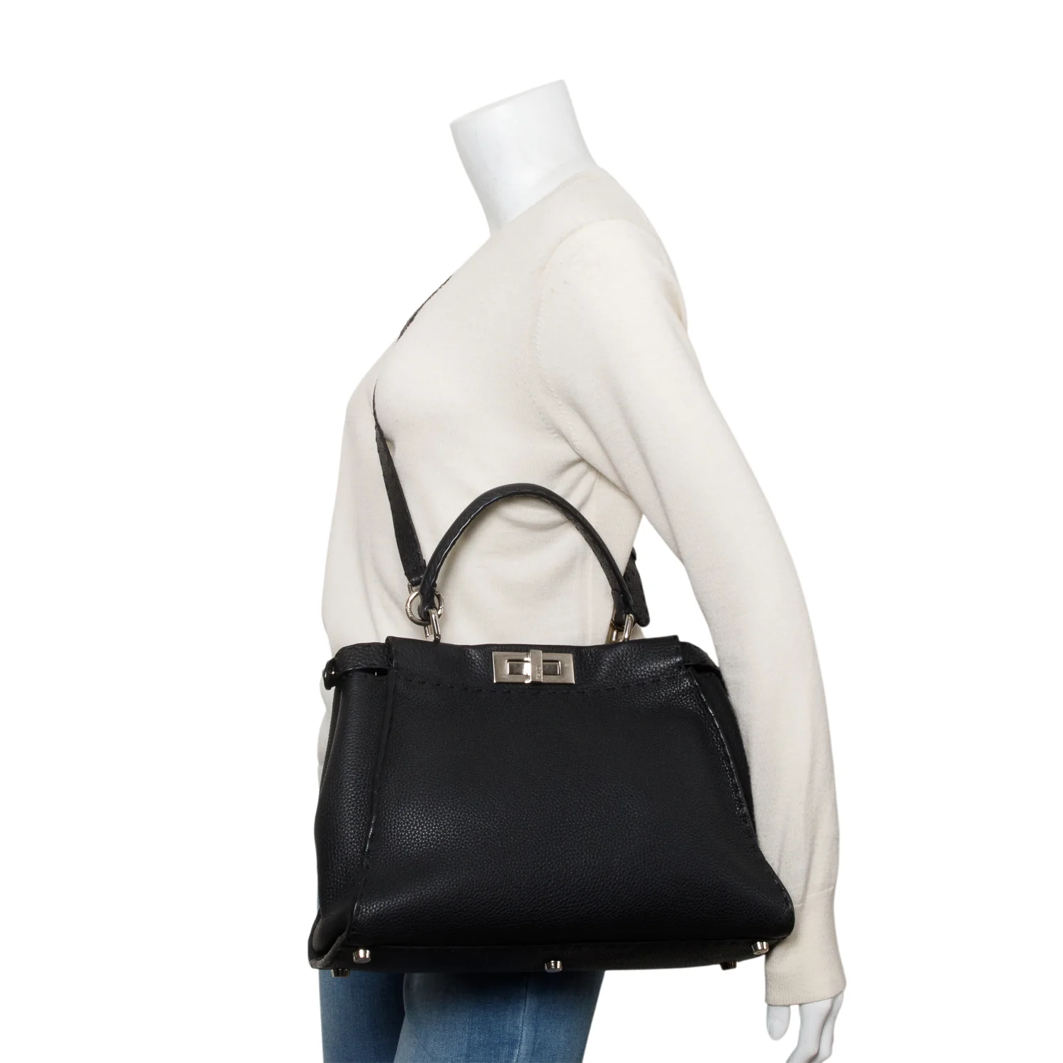Fendi Black Leather Romano Selleria Medium Peekaboo Bag w/ Strap - Image 2