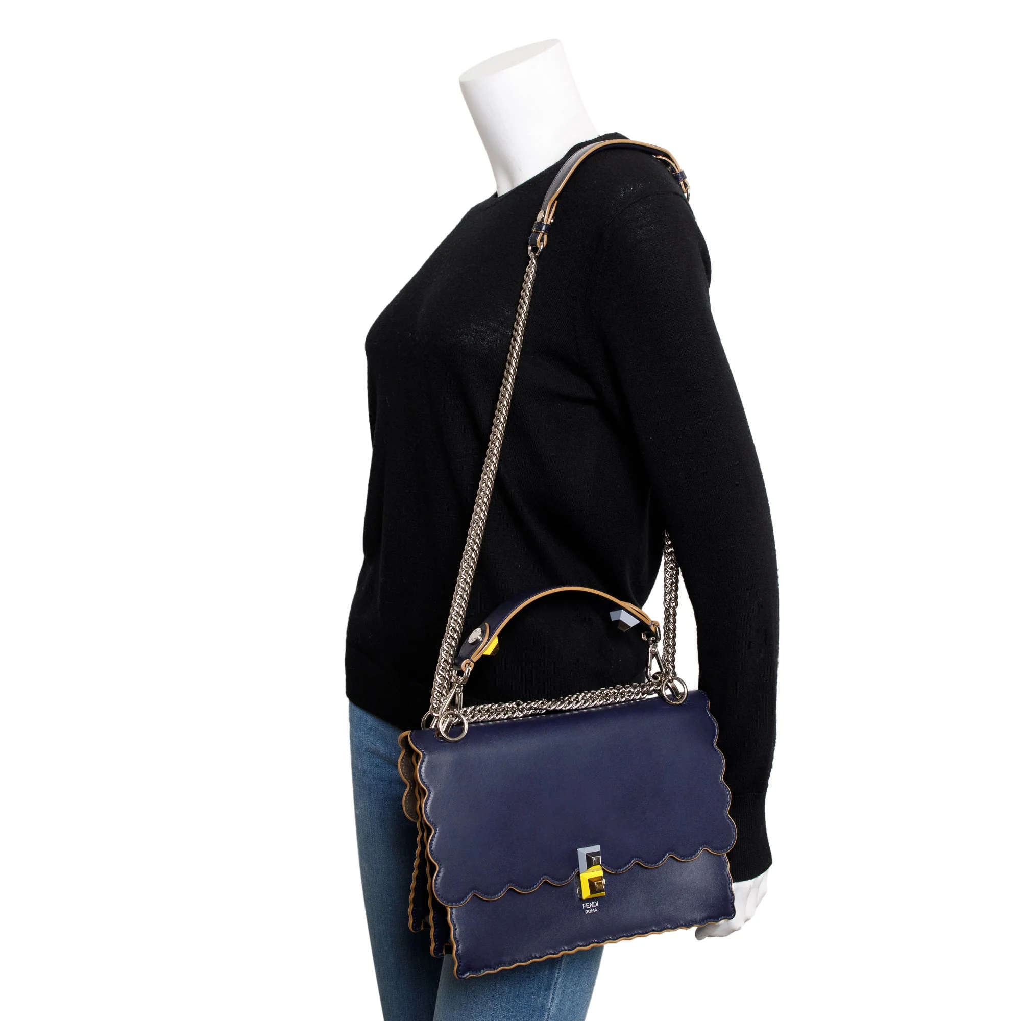 Fendi Blue Calfskin Leather Scalloped Studded Kan I Shoulder Bag - Image 2