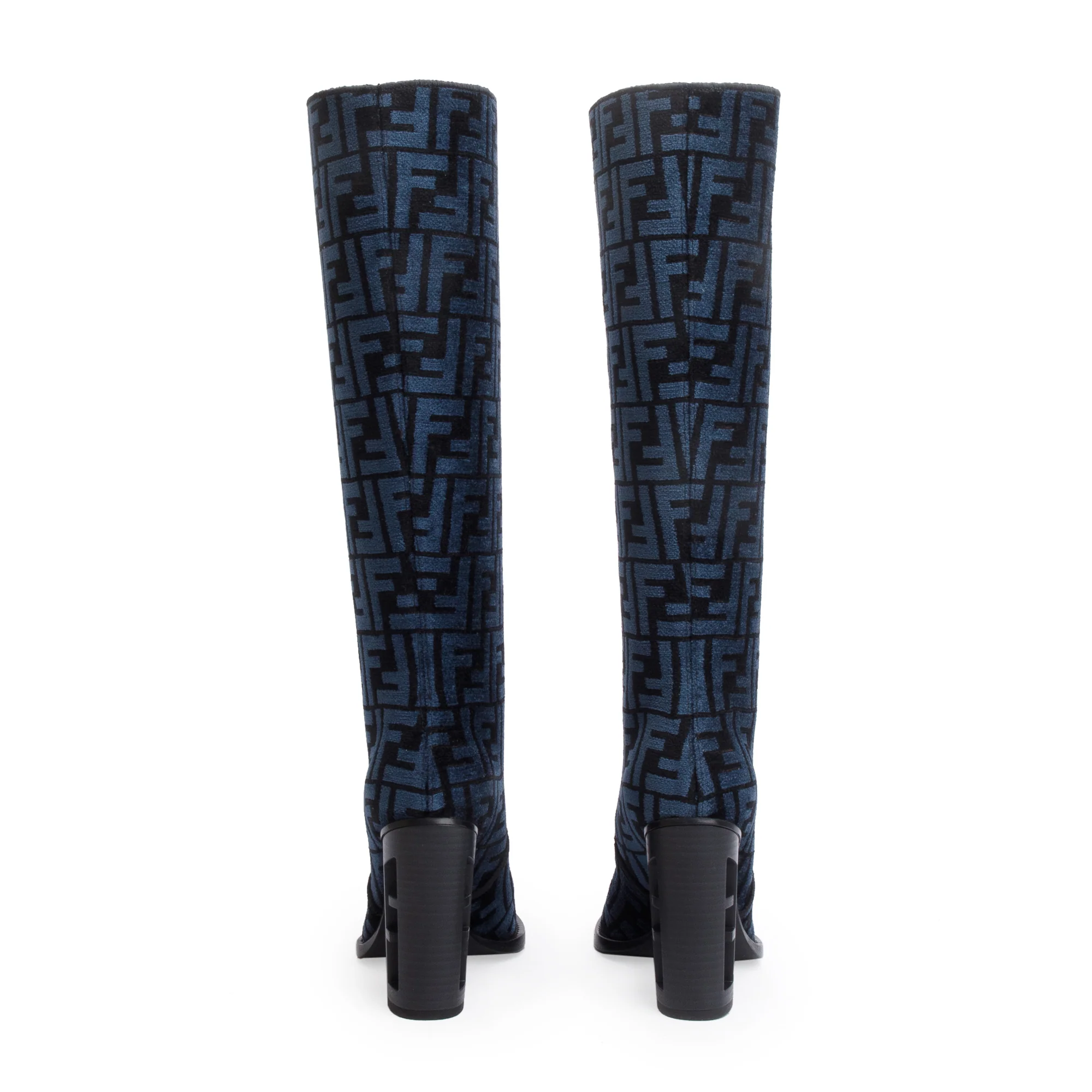 Fendi Blue Chenille Jacquard FF Cut 110 Baguette Knee High Boots, Size 36 w/ Box - Image 5