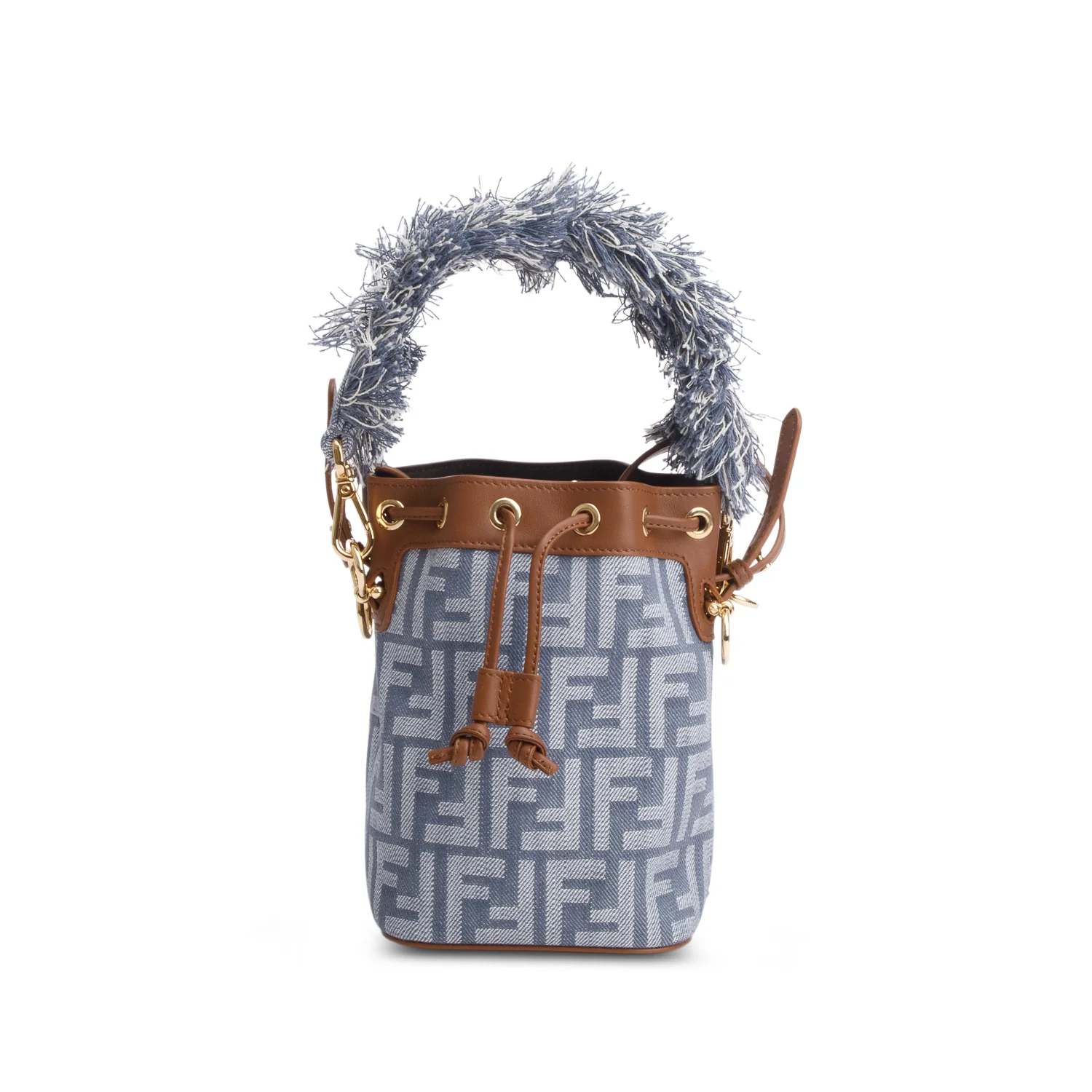 Fendi Blue Denim Effect Fabric FF Jacquard Vitello Mini Mon Tresor Bucket Bag w/ Straps - Image 3
