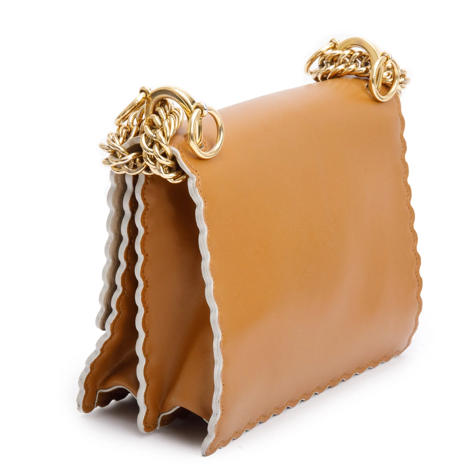 Fendi Brown Calfskin Leather Small Kan I Scallop Shoulder Bag - Image 6