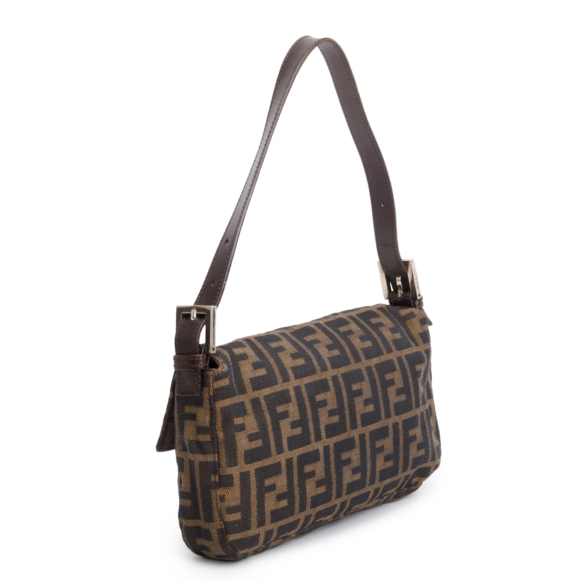 Fendi Brown FF Zucca Canvas Brown Leather Trim Baguette Shoulder Bag - Image 4