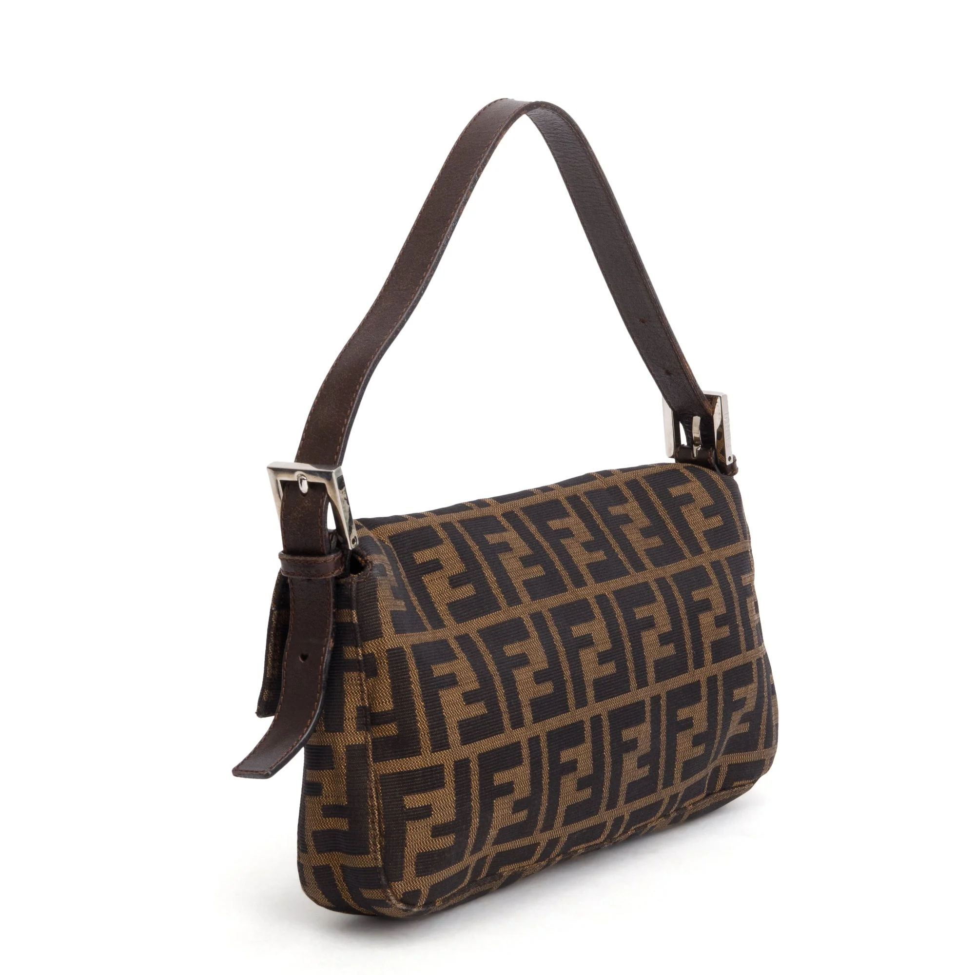 Fendi Brown FF Zucca Canvas Brown Leather Trim Baguette Shoulder Bag - Image 4
