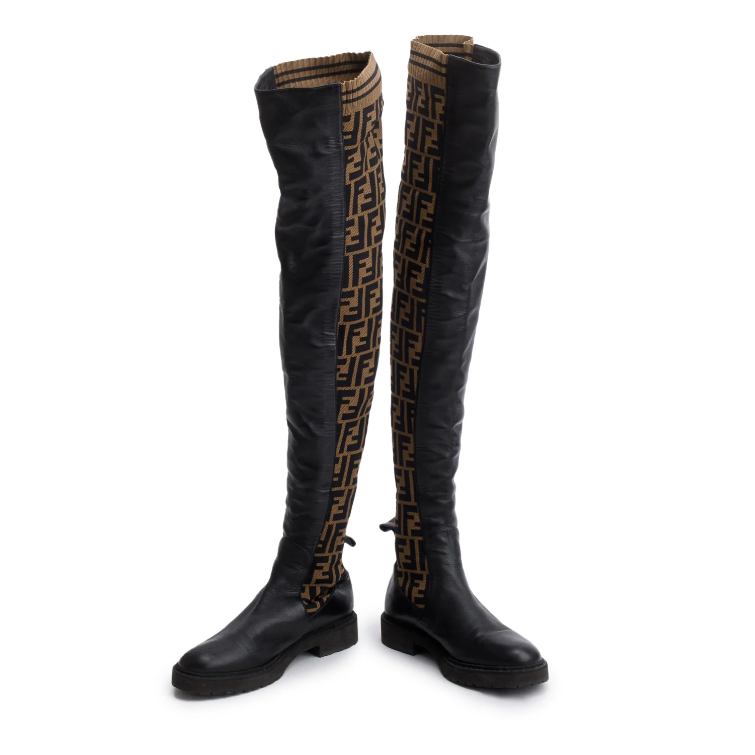 Fendi Brown Leather FF Logo Stretch Knit Over the Knee Rockoko Sock Boots, Size 37 - Image 3