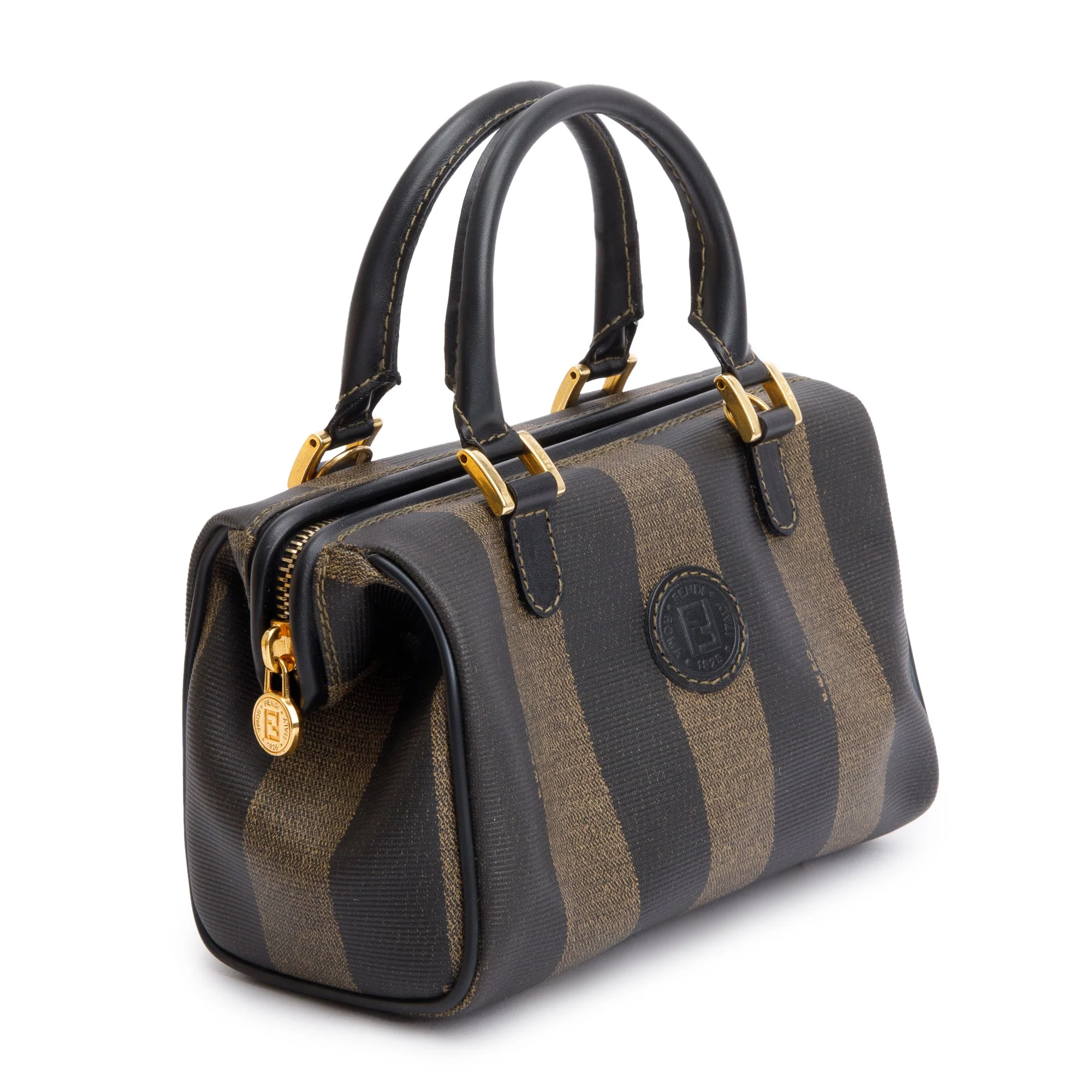 Fendi Brown Pequin Pattern Mini Boston Bag - Image 2