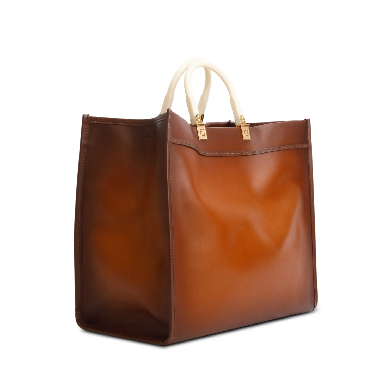 Fendi Brown Vitello King Plexiglass Logo Embossed Large Fendi Sunshine Shopper Tote - Image 4