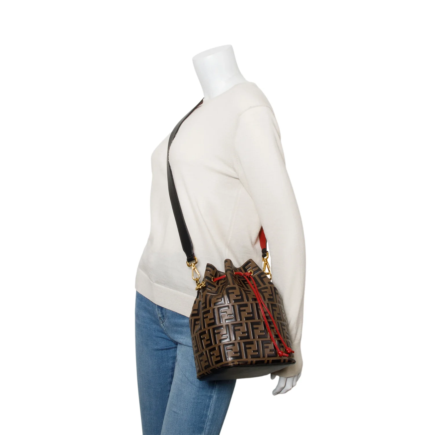 Fendi Brown Vitello Liberty FF 1974 Embossed Small Mon Tresor Bucket Bag w/ Strap - Image 2