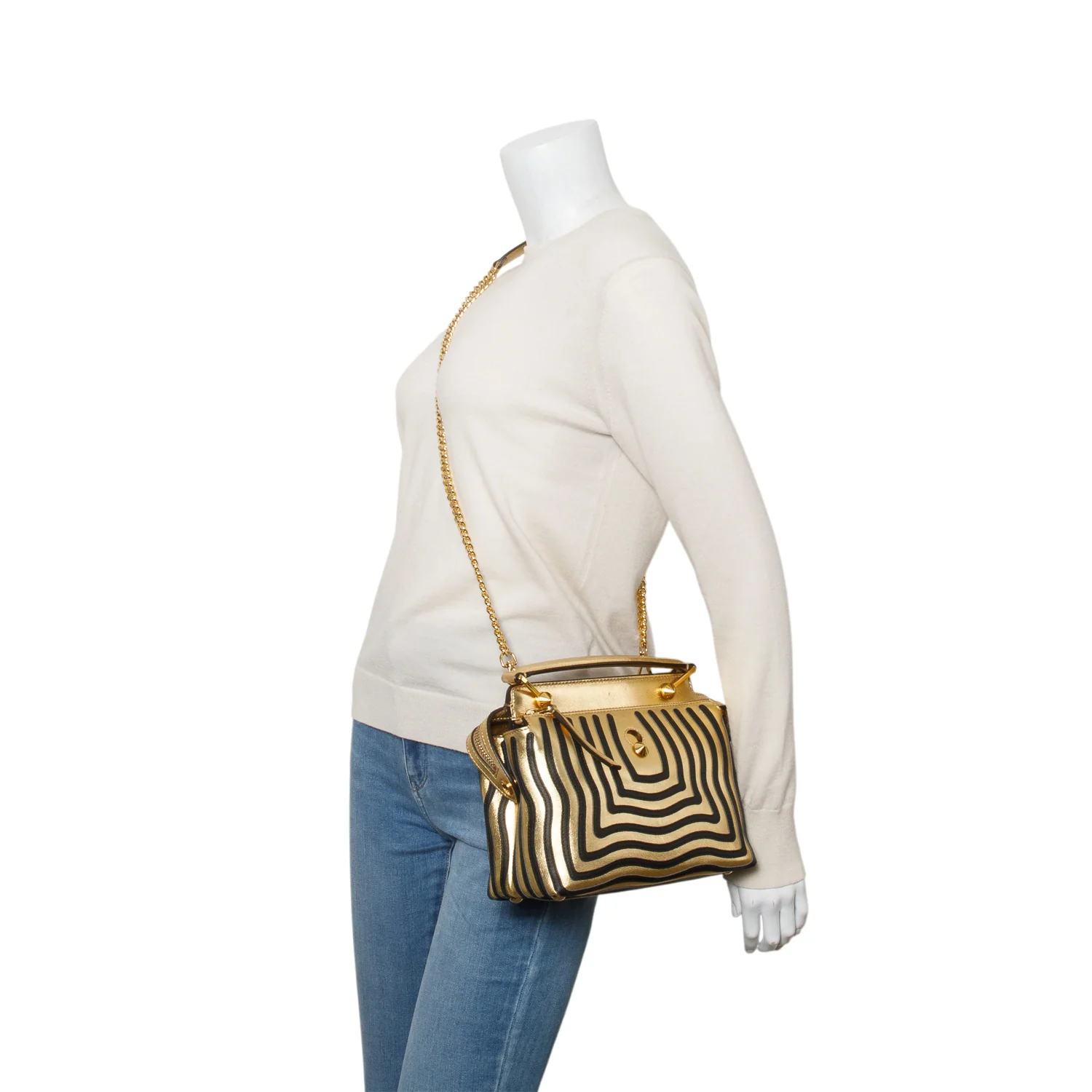 Fendi Gold/Black Striped Leather Small Hypnotic Dotcom Bag w/ Strap - Image 2