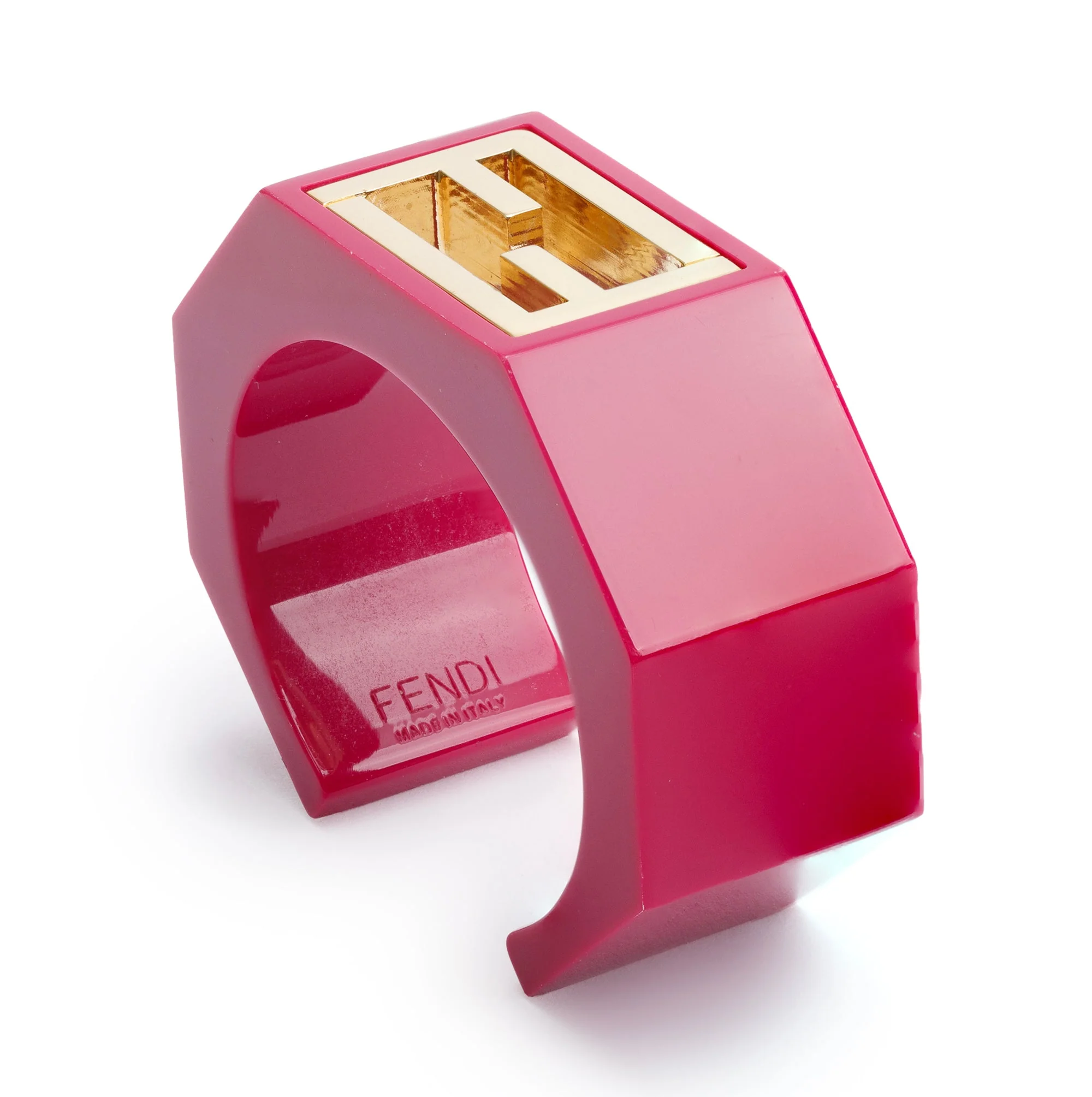 Fendi Gold-Tone Metal Pink Resin FF Cuff Bracelet - Image 2