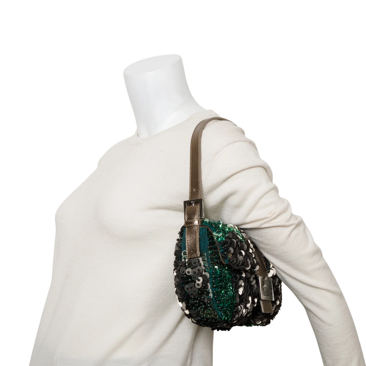 Fendi Green Vitello Sequin Beaded Baguette Bag - Image 2