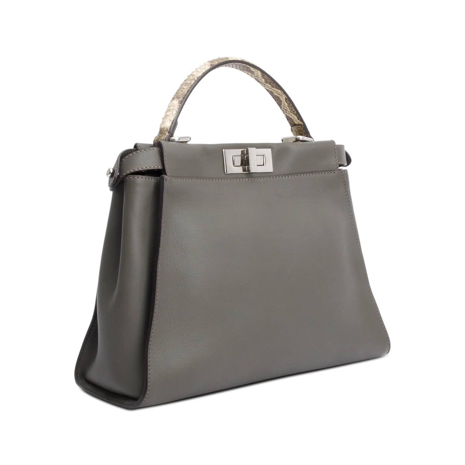 Fendi Grey Calfskin Leather Python Trim Medium Peekaboo Bag w/ Strap - Image 6