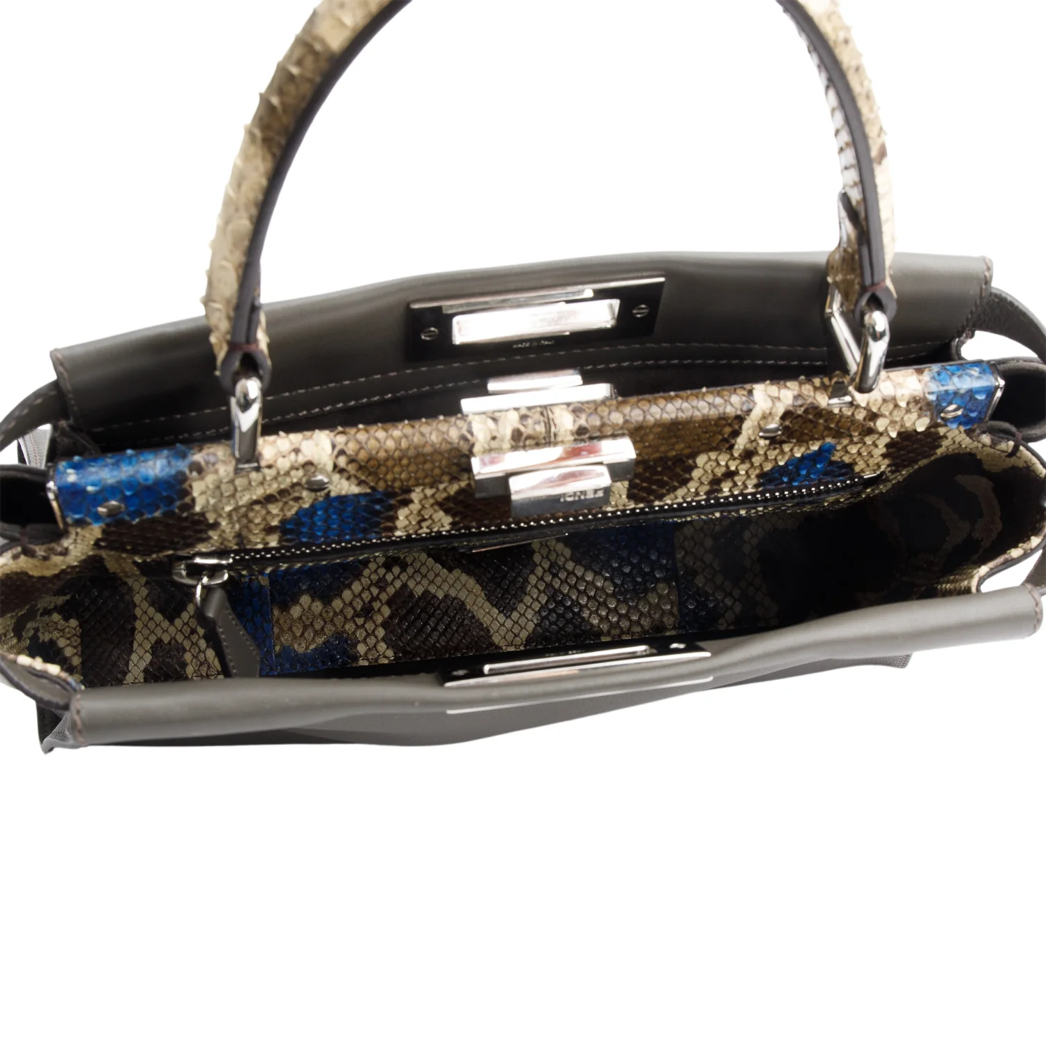 Fendi Grey Calfskin Leather Python Trim Medium Peekaboo Bag w/ Strap - Image 8