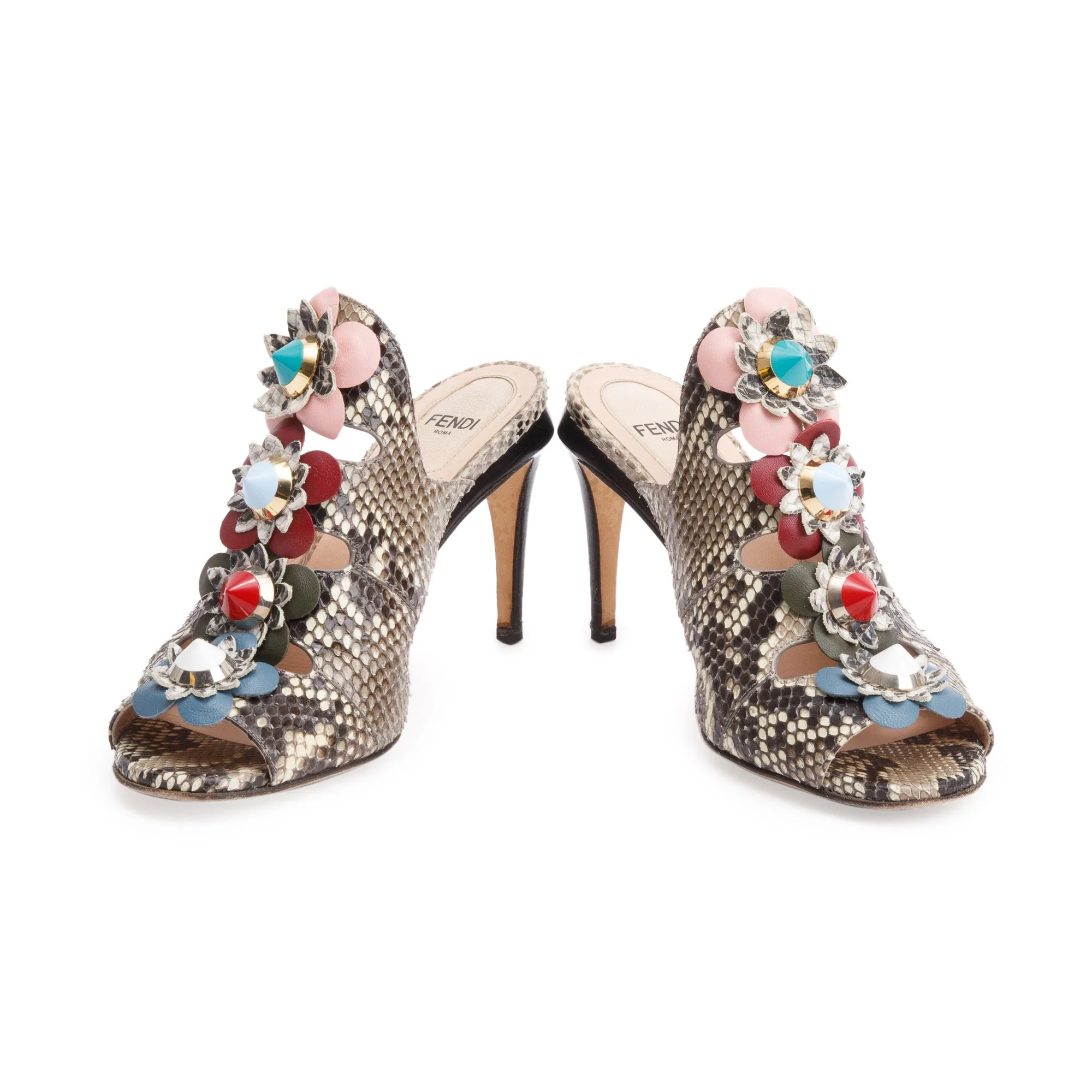 Fendi Grey Python Flowerland Embellished Heeled Slide Sandals, Size 35 w/ Box - Image 4