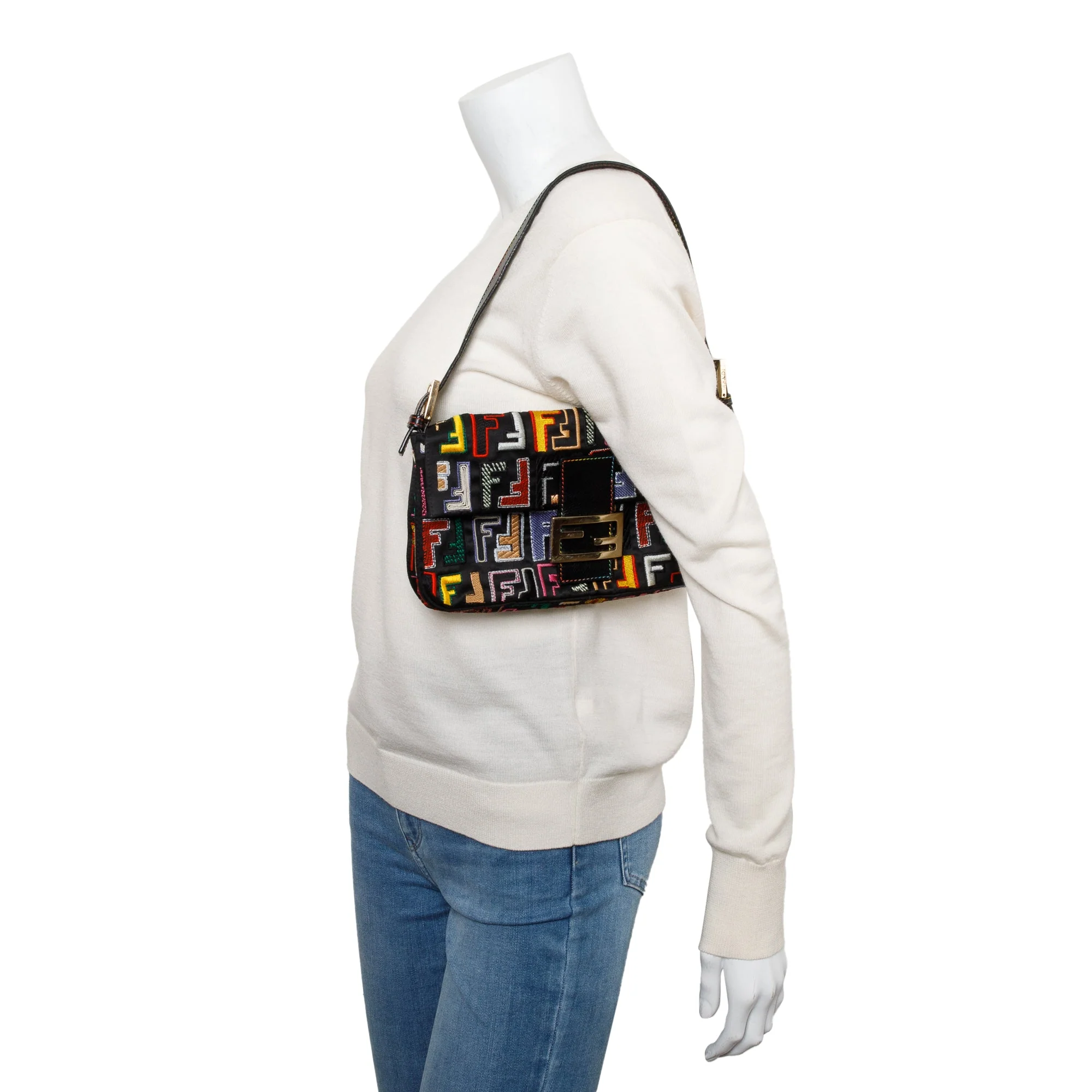 Fendi Multicolor Embroidered FF Zucca Satin Black Leather Trim Baguette Bag w/ Strap - Image 2